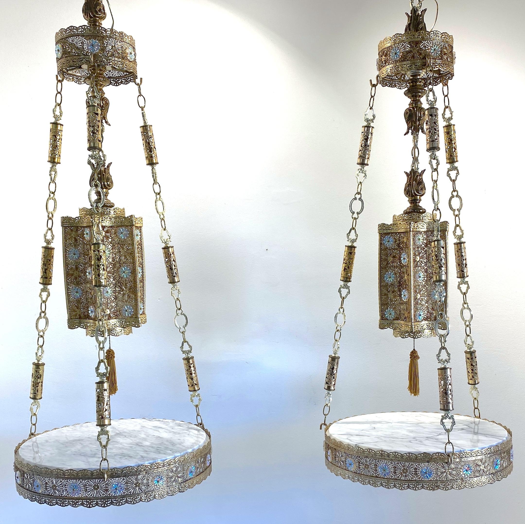 Pair of Exotic Moorish Hanging Brass & Crystal Lantern & Marble Side Tables  For Sale 2