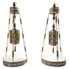 Pair of Exotic Moorish Hanging Brass & Crystal Lantern & Marble Side Tables
