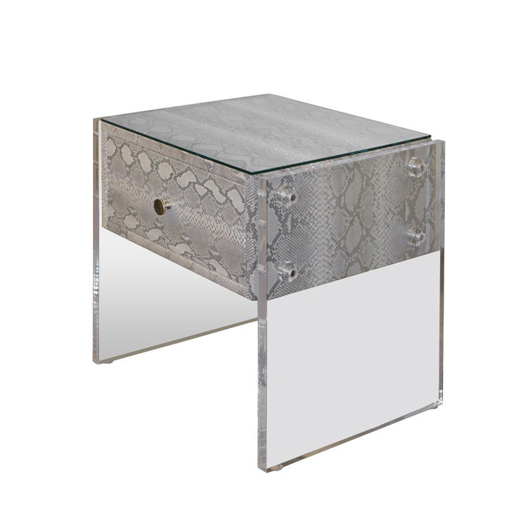 Custom pair of single drawer nightstands in exotic python with Lucite panels and brushed nickel hardware. 

These nightstands are made to order. Custom dimensions and colors available.