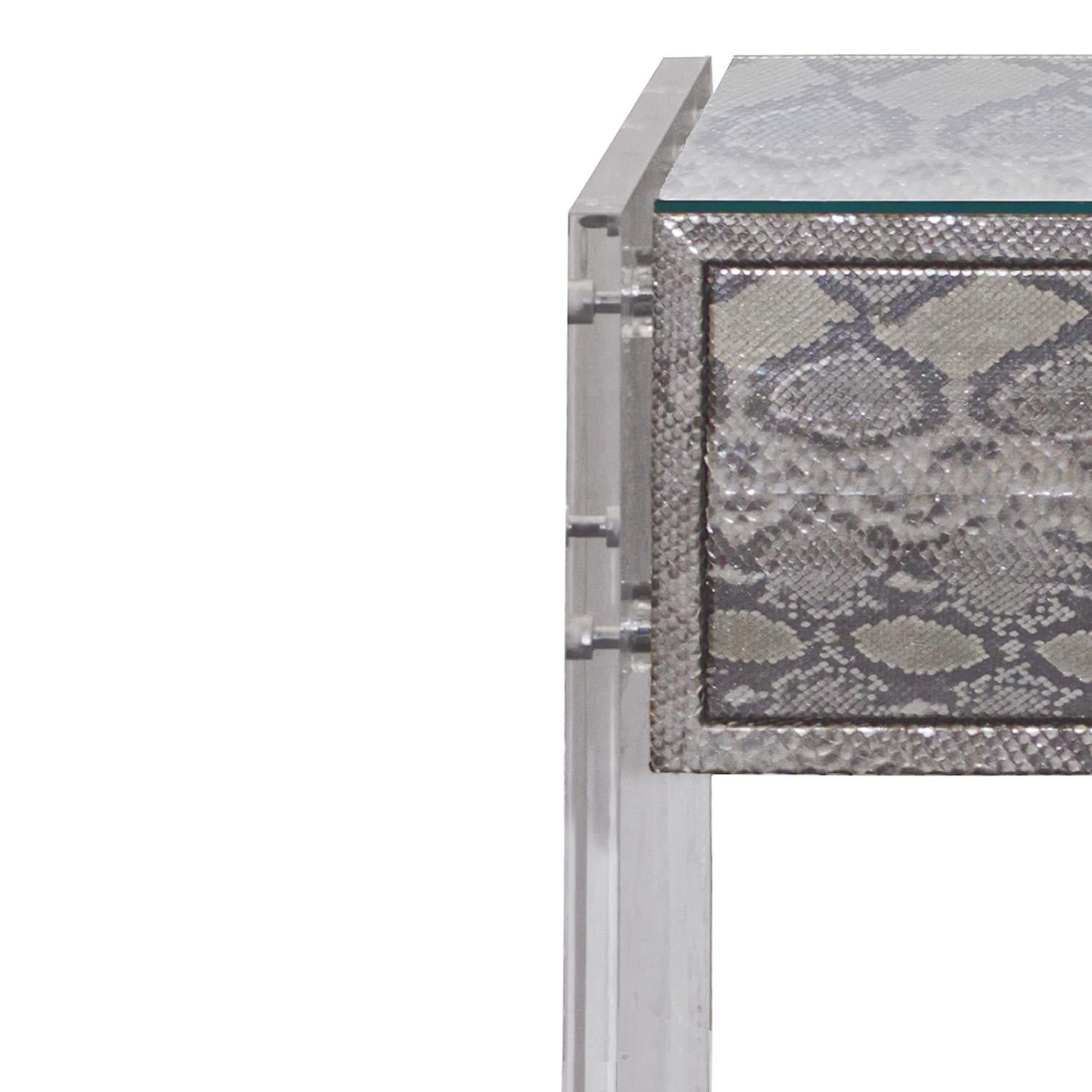 Modern Pair of Exotic Python and Lucite Nightstands For Sale