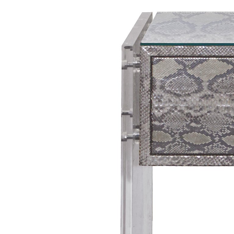 American Pair of Exotic Python and Lucite Nightstands For Sale