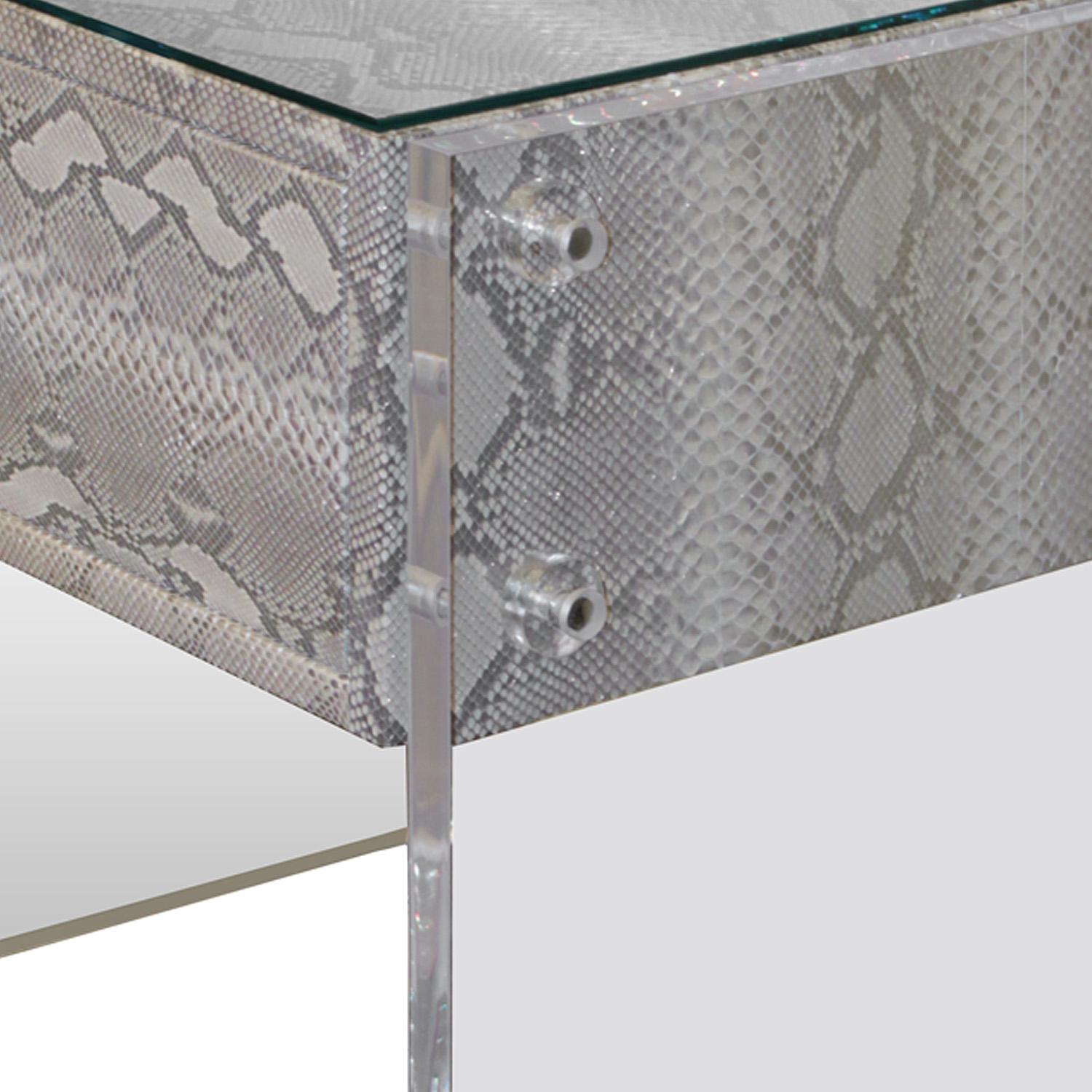 American Pair of Exotic Python and Lucite Nightstands For Sale