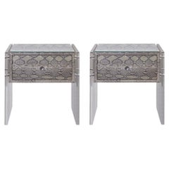 Pair of Exotic Python and Lucite Nightstands
