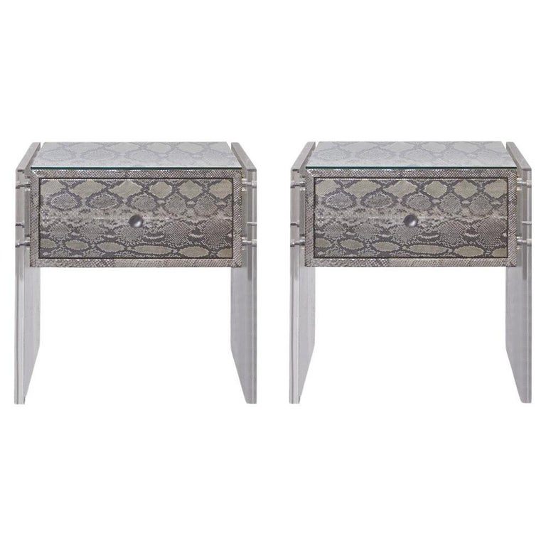Pair of Exotic Python and Lucite Nightstands For Sale