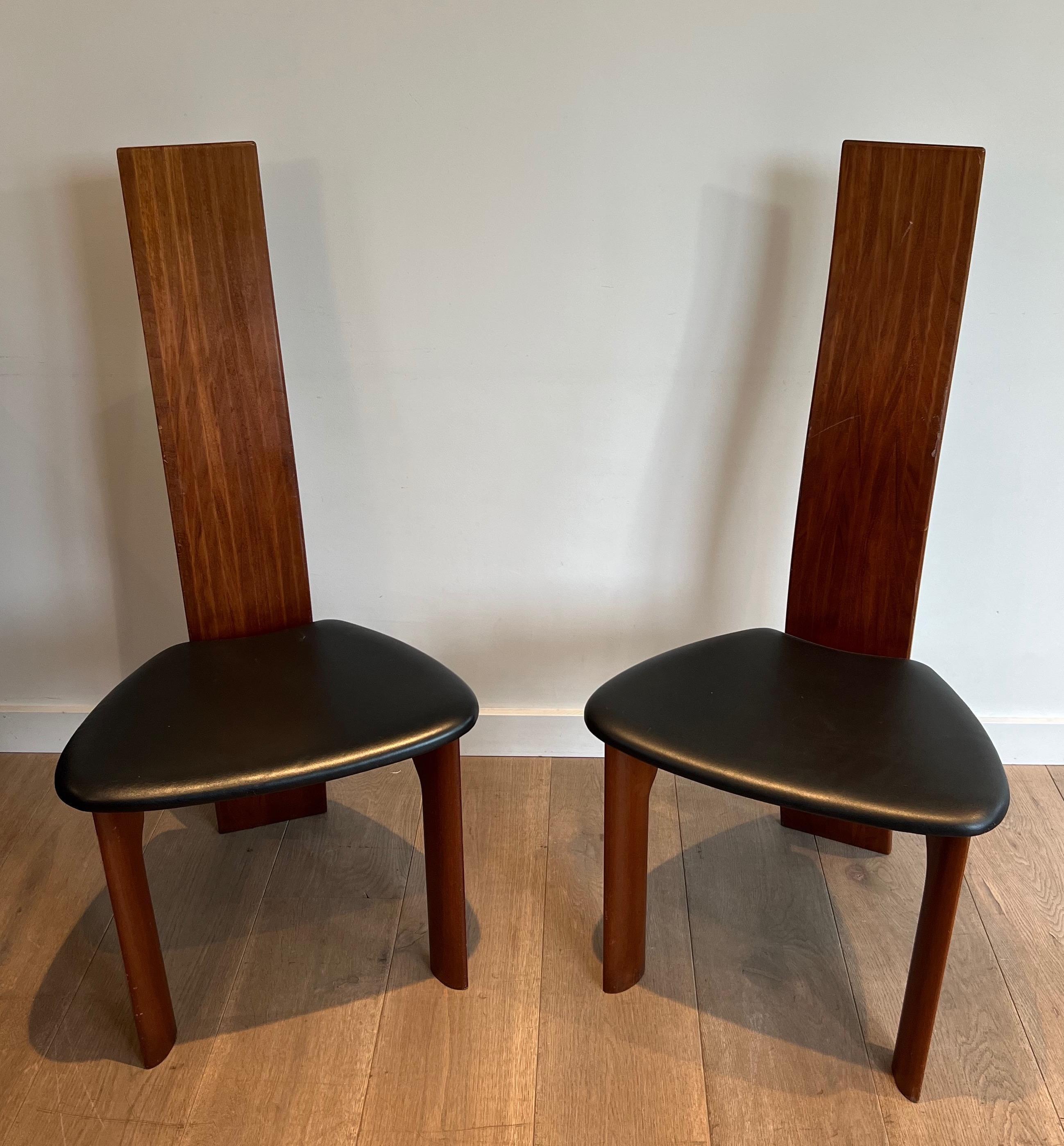 Pair of Exotic Wood and Black Leather Chairs, Scandinavian Work. Circa 1970 For Sale 4