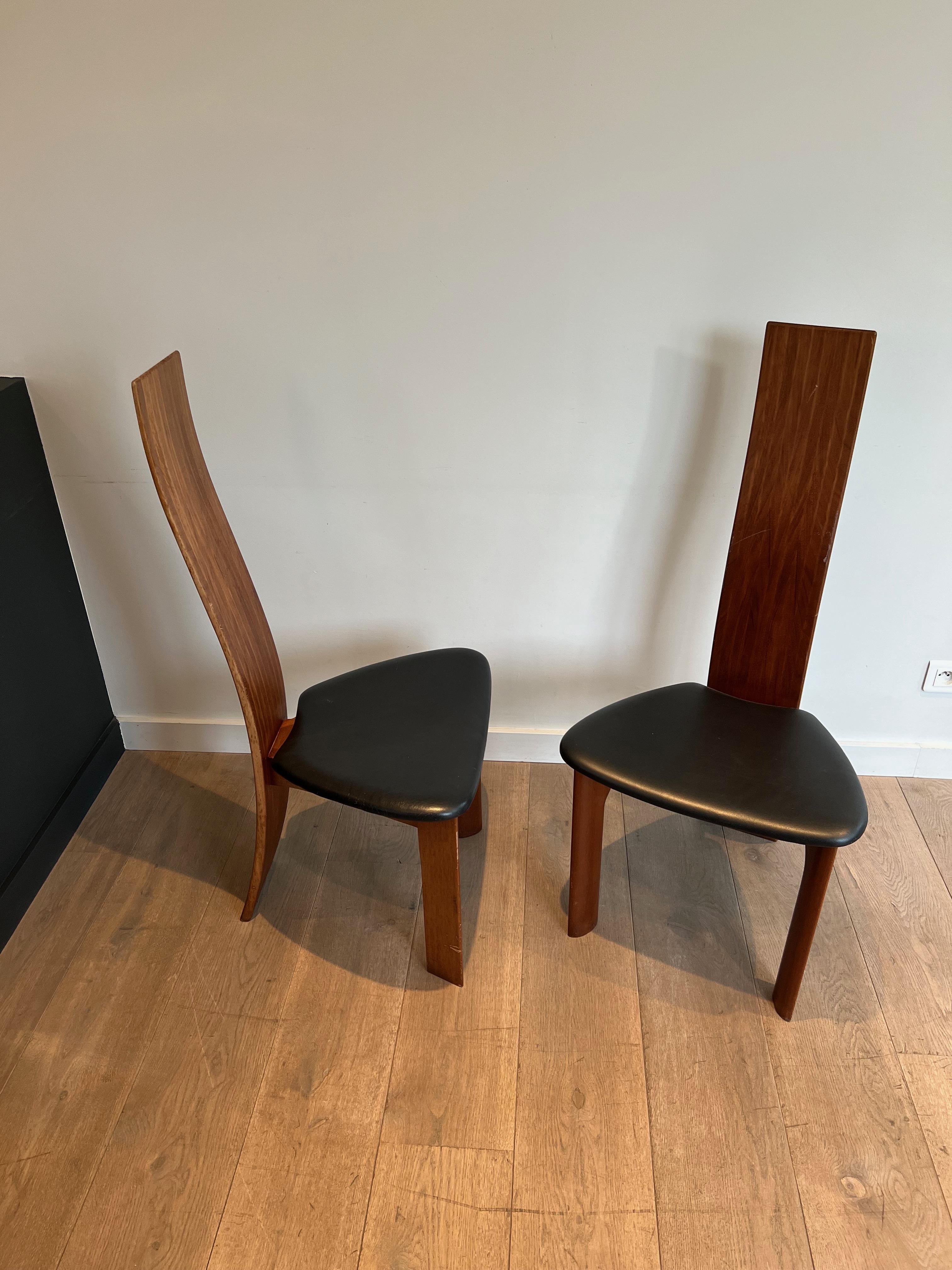 Pair of Exotic Wood and Black Leather Chairs, Scandinavian Work. Circa 1970 For Sale 13