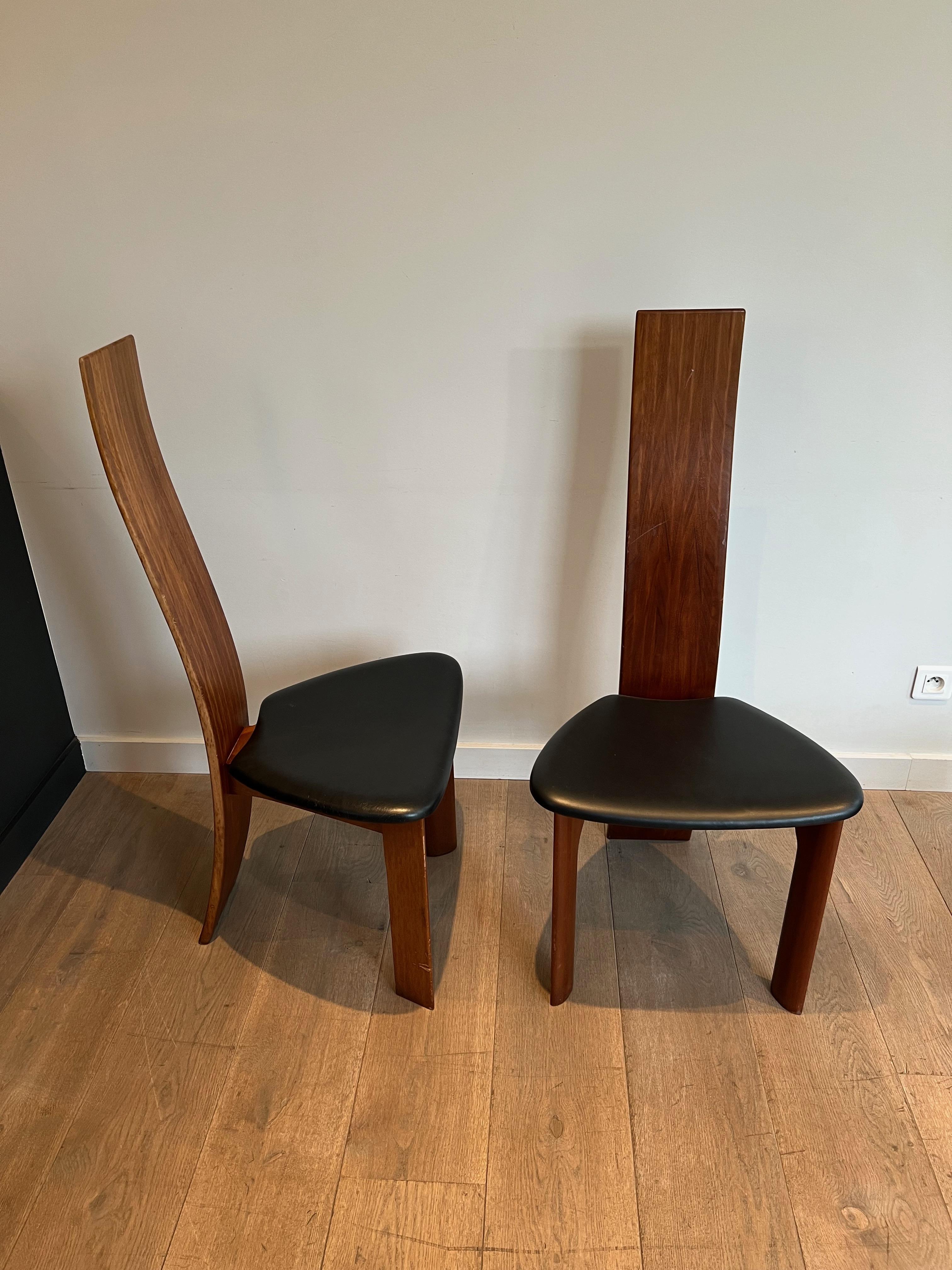 Pair of Exotic Wood and Black Leather Chairs, Scandinavian Work. Circa 1970 For Sale 14