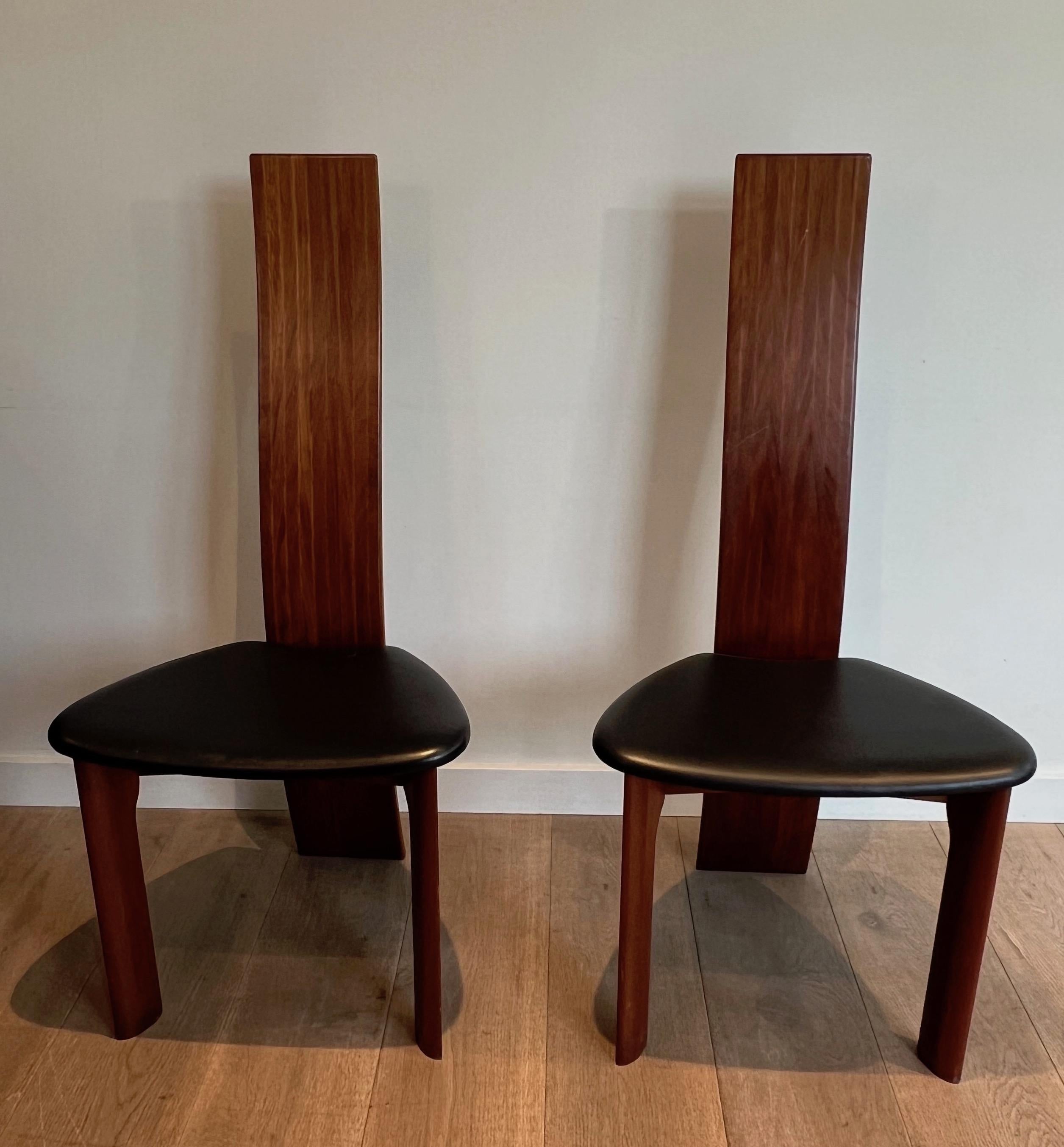 French Pair of Exotic Wood and Black Leather Chairs, Scandinavian Work. Circa 1970 For Sale