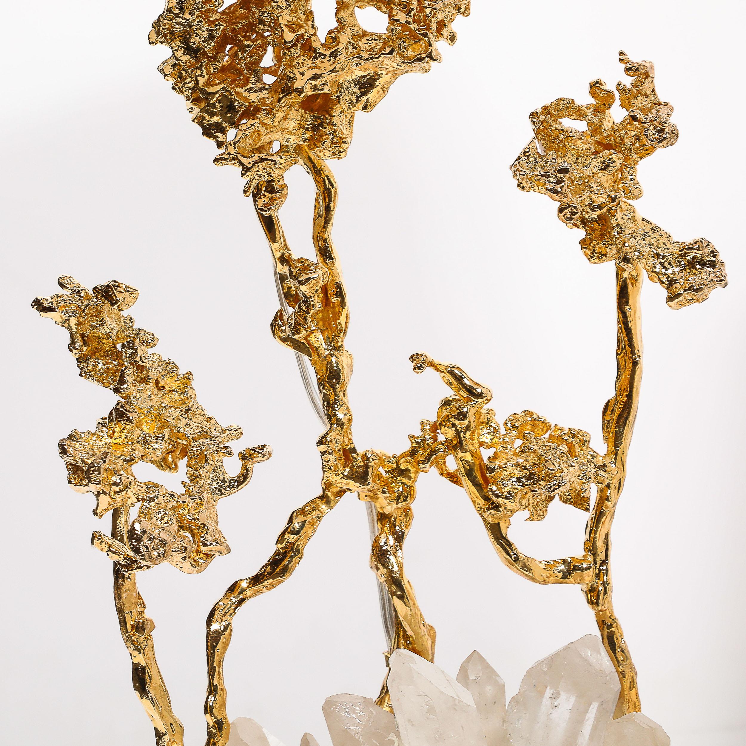Paar Tischlampen aus explodierter Bronze und 24 Karat Gold mit Bergkristall mit Bergkristall von Claude Boeltz im Angebot 4