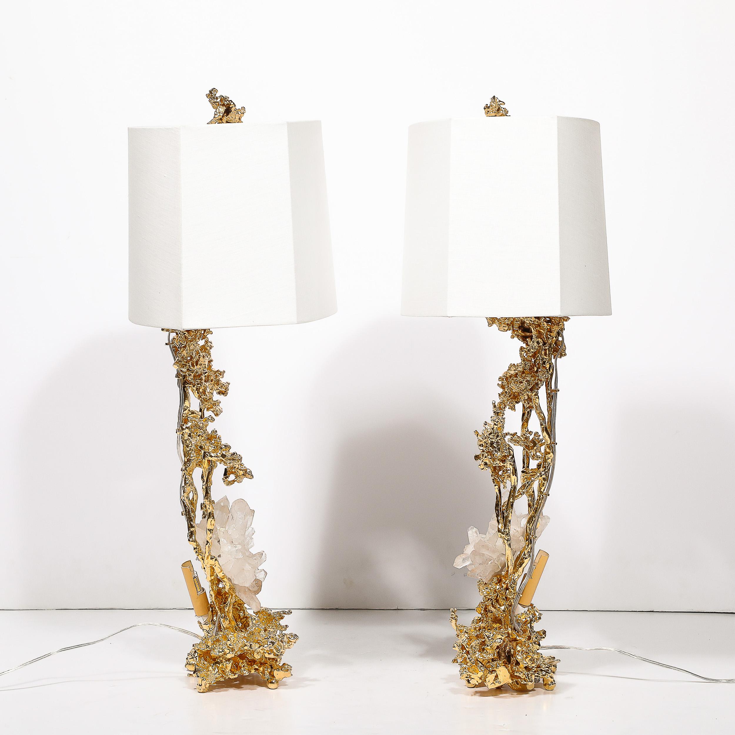 Paar Tischlampen aus explodierter Bronze und 24 Karat Gold mit Bergkristall mit Bergkristall von Claude Boeltz im Angebot 5