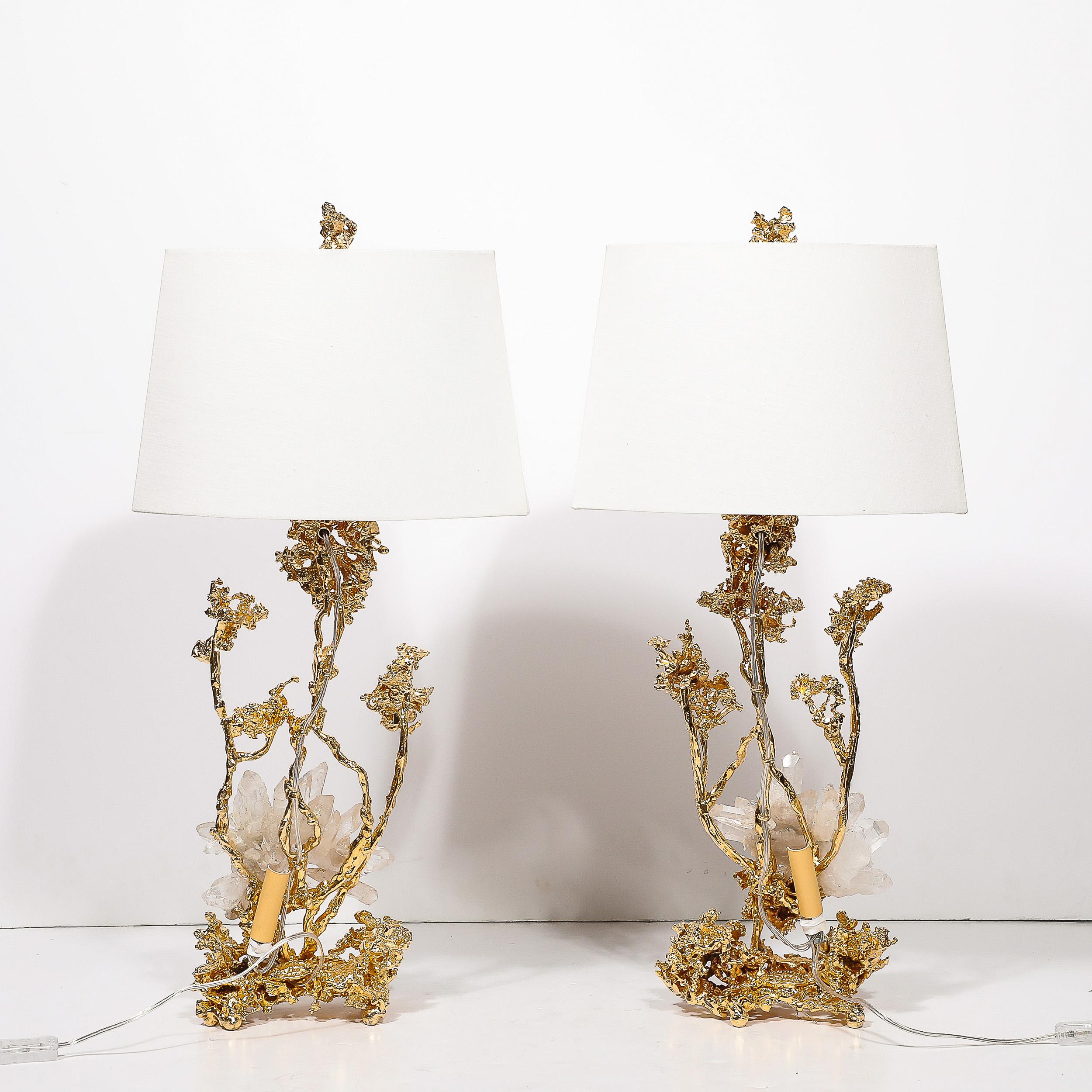 Paar Tischlampen aus explodierter Bronze und 24 Karat Gold mit Bergkristall mit Bergkristall von Claude Boeltz im Angebot 6
