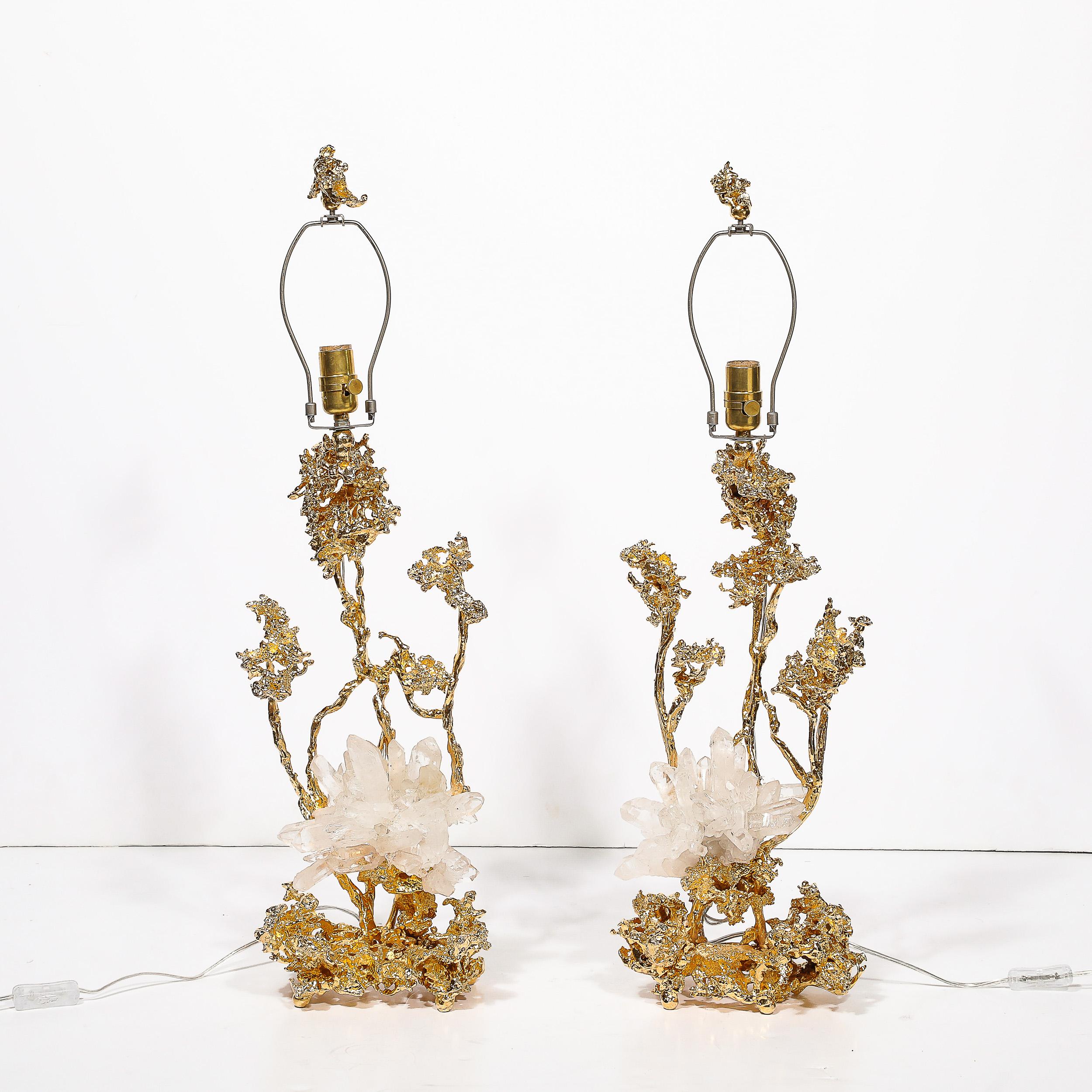 Paar Tischlampen aus explodierter Bronze und 24 Karat Gold mit Bergkristall mit Bergkristall von Claude Boeltz im Angebot 9