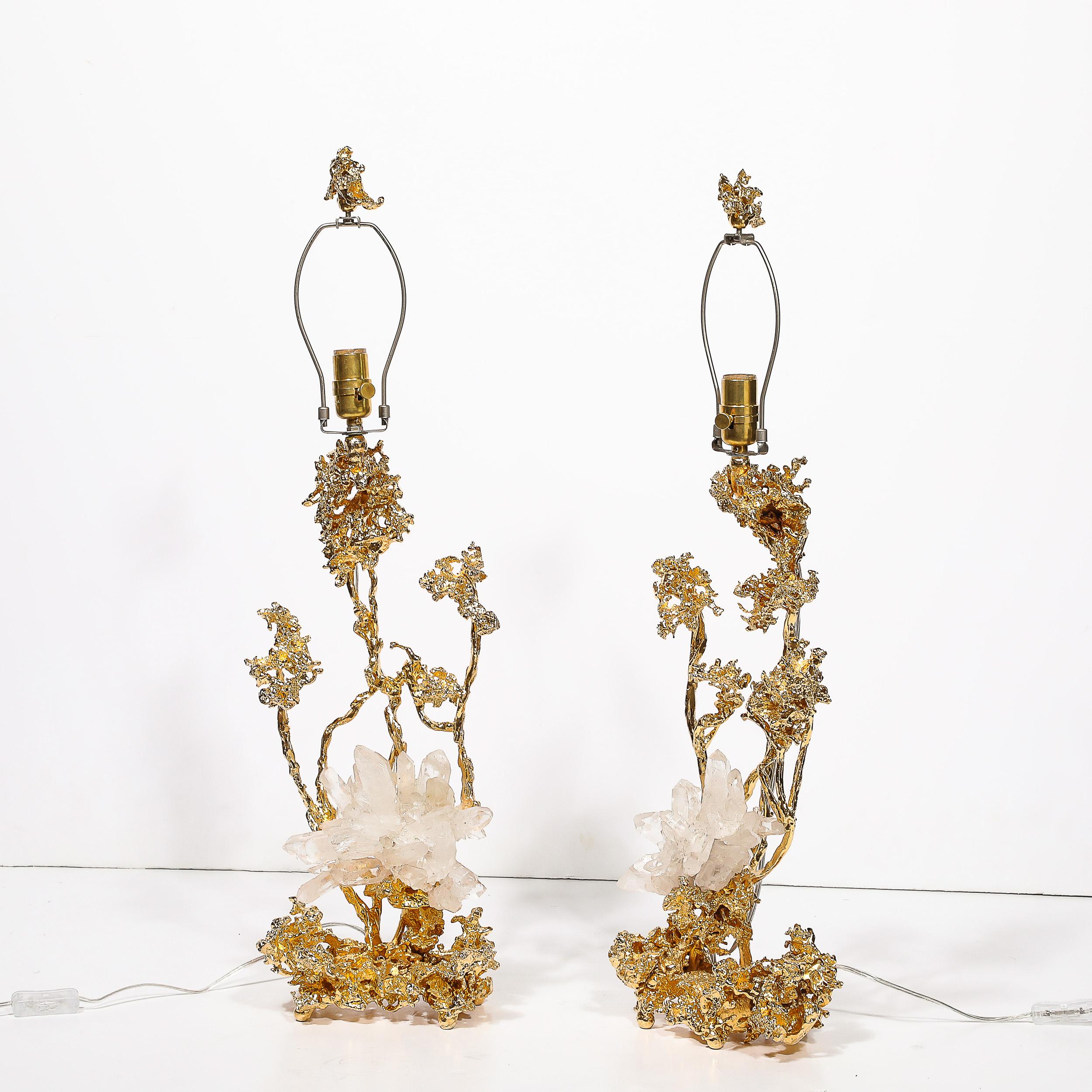 Paar Tischlampen aus explodierter Bronze und 24 Karat Gold mit Bergkristall mit Bergkristall von Claude Boeltz im Angebot 13
