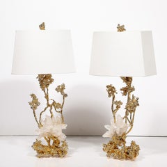 Paar Tischlampen aus explodierter Bronze und 24 Karat Gold mit Bergkristall mit Bergkristall von Claude Boeltz