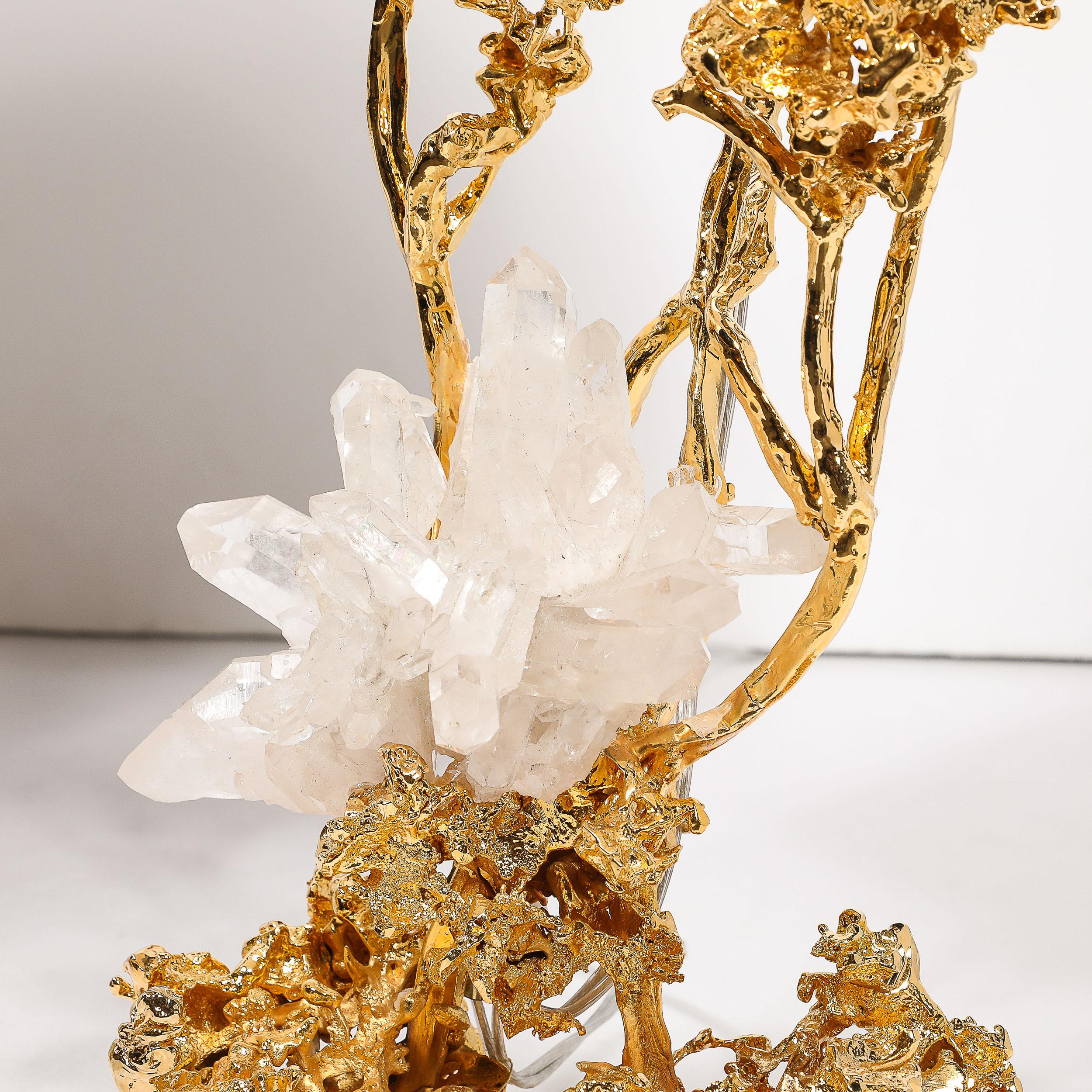 Paar Tischlampen aus explodierter Bronze und 24 Karat Gold mit Bergkristall mit Bergkristall von Claude Boeltz im Angebot 1