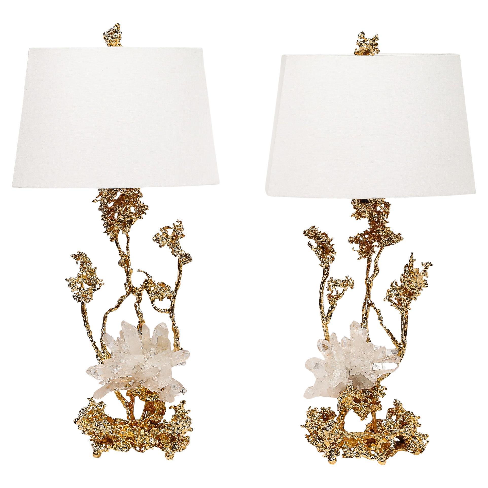 Pair of Exploded Bronze & 24K Gold w/ Rock Crystal Table Lamps by Claude Boeltz