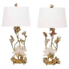 Pair of Exploded Bronze & 24K Gold w/ Rock Crystal Table Lamps by Claude Boeltz