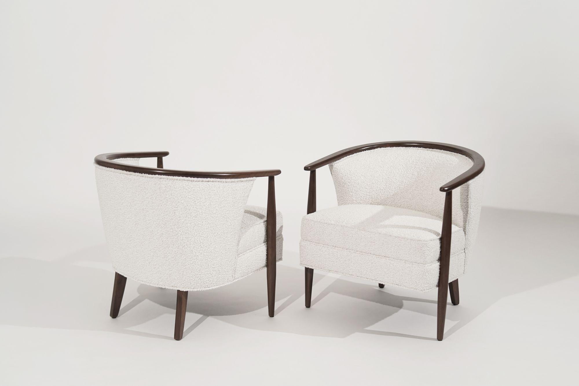 American Pair of Exposed Walnut Framework Barrel Lounge Chairs, circa 1960s