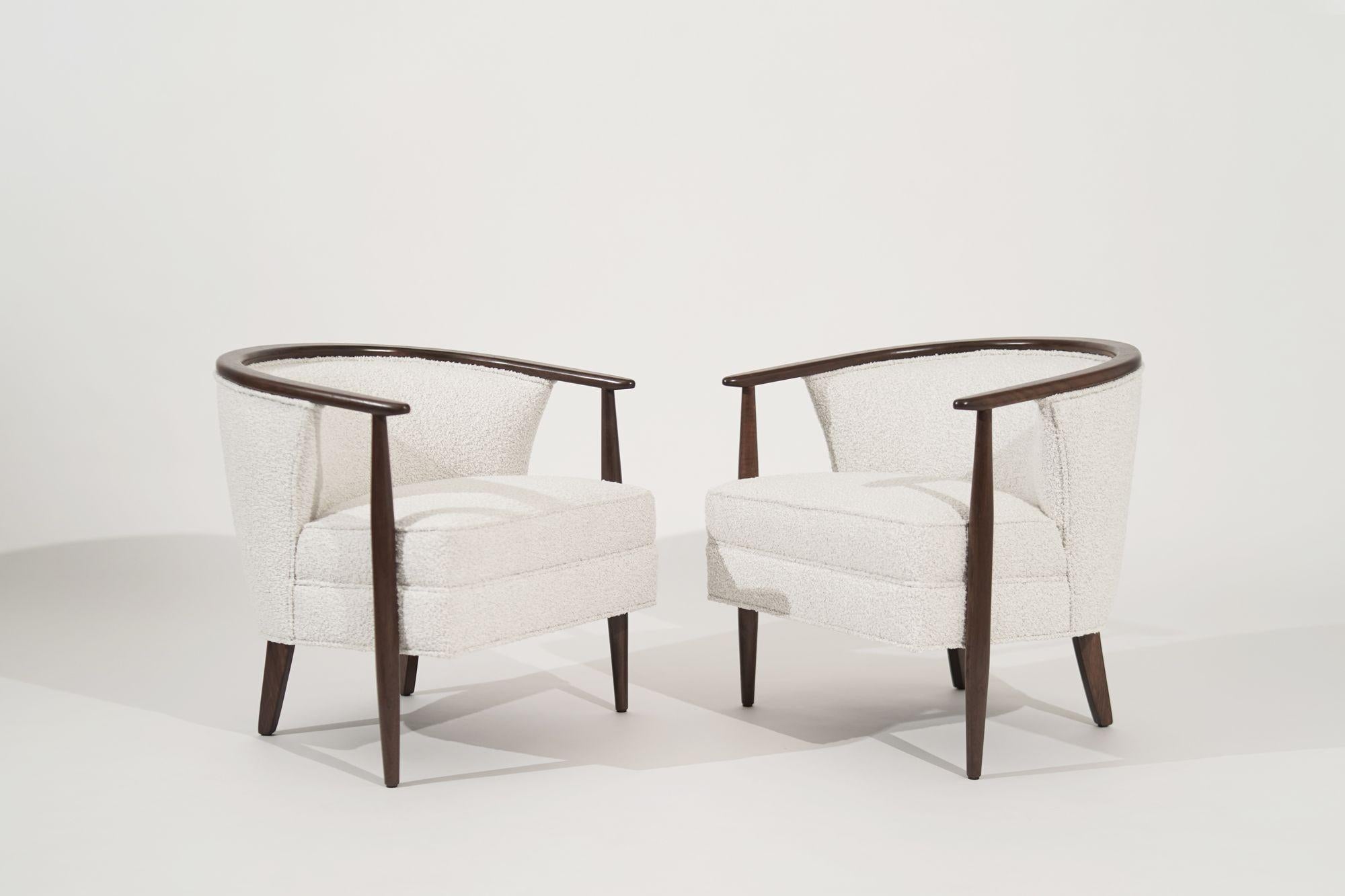 Pair of Exposed Walnut Framework Barrel Lounge Chairs, circa 1960s In Excellent Condition In Westport, CT