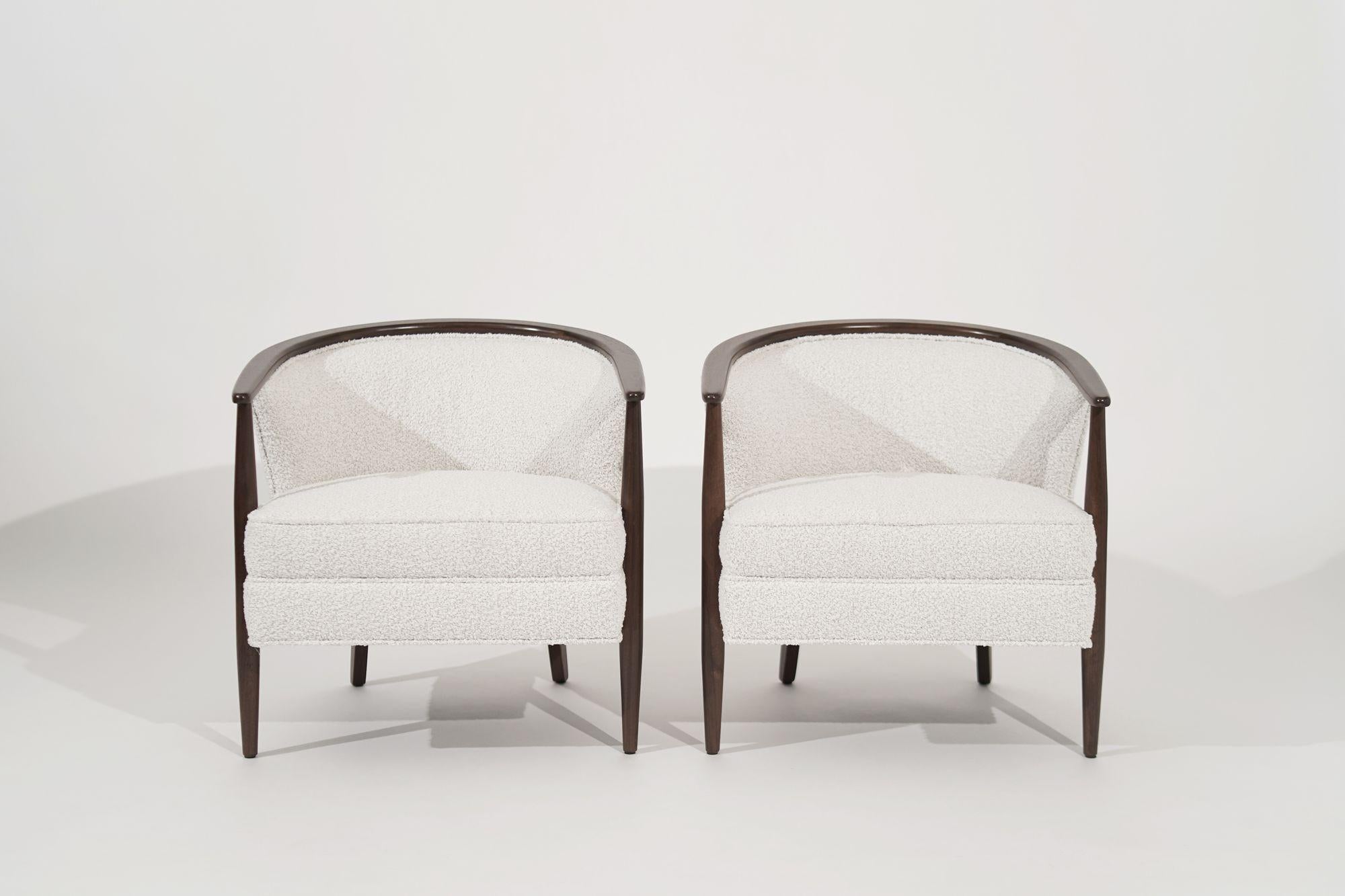 Pair of Exposed Walnut Framework Barrel Lounge Chairs, circa 1960s 1