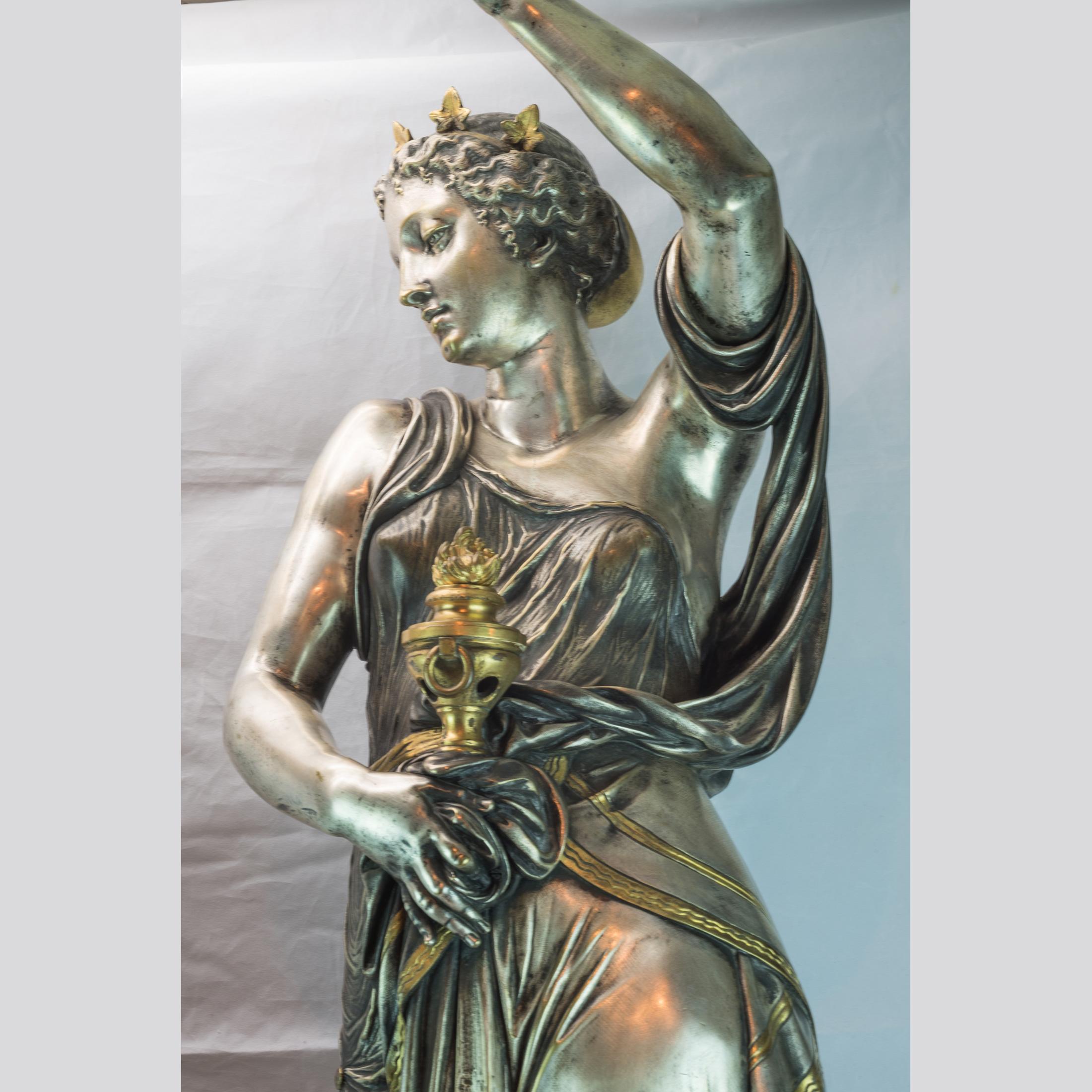 French Pair of Exposition Neo-Grec Silvered and Gilt Bronze Figural Bacchante Torchères For Sale