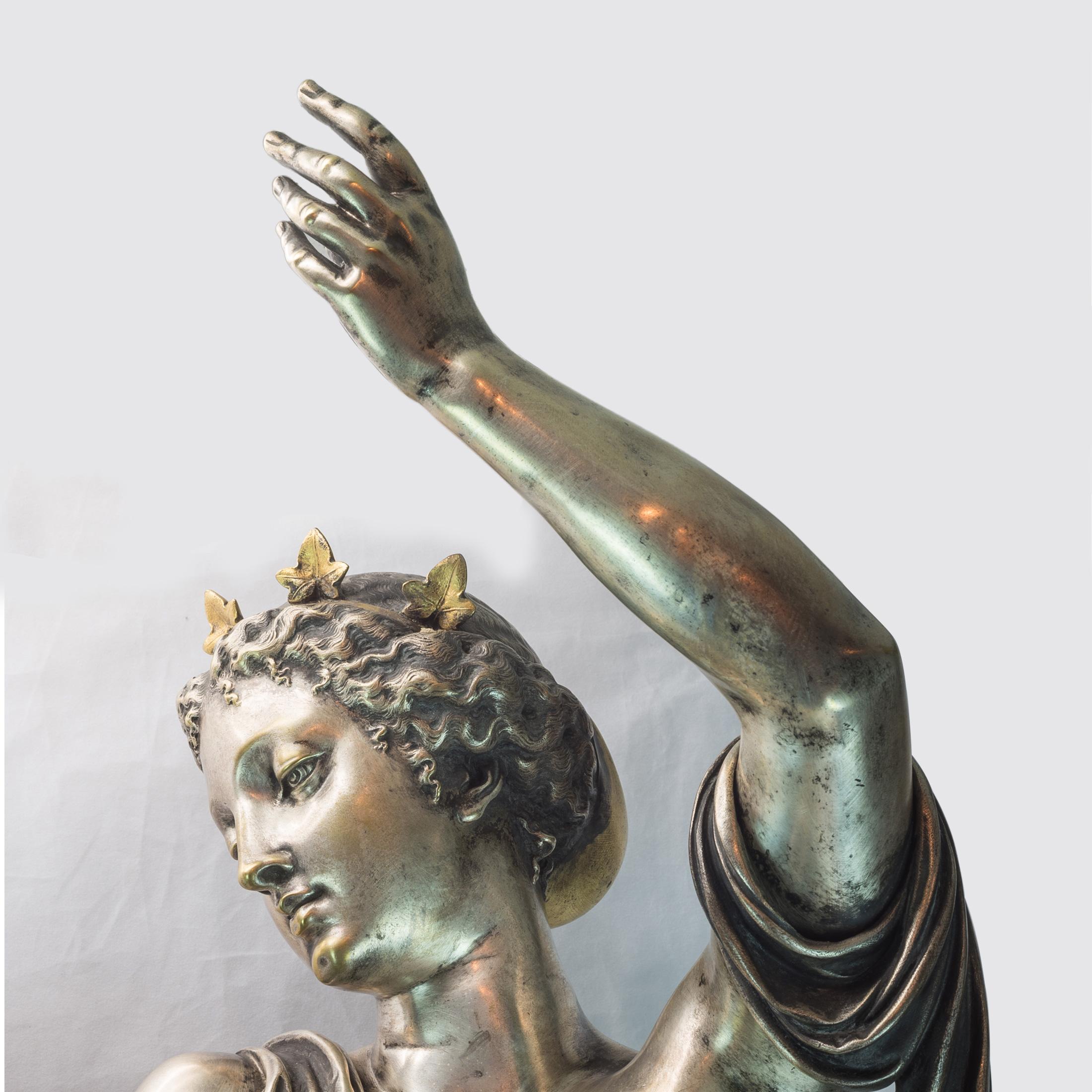 Fin du XIXe siècle Paire de torchères d'exposition figuratives de Bacchante en bronze argenté et doré de style néo-grec en vente