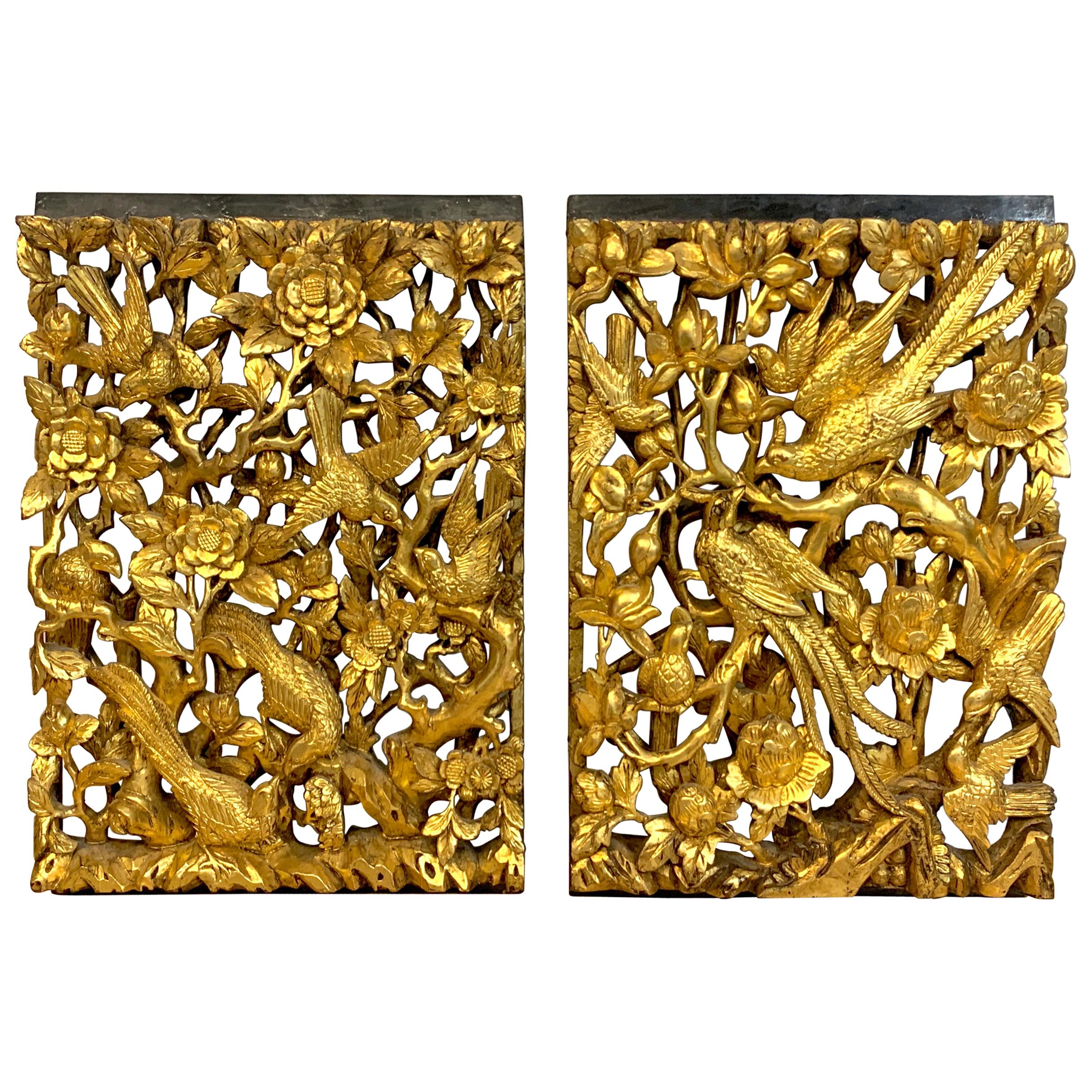 Pair of Exquisite 19th Century Chinese Export Carved Giltwood Panels