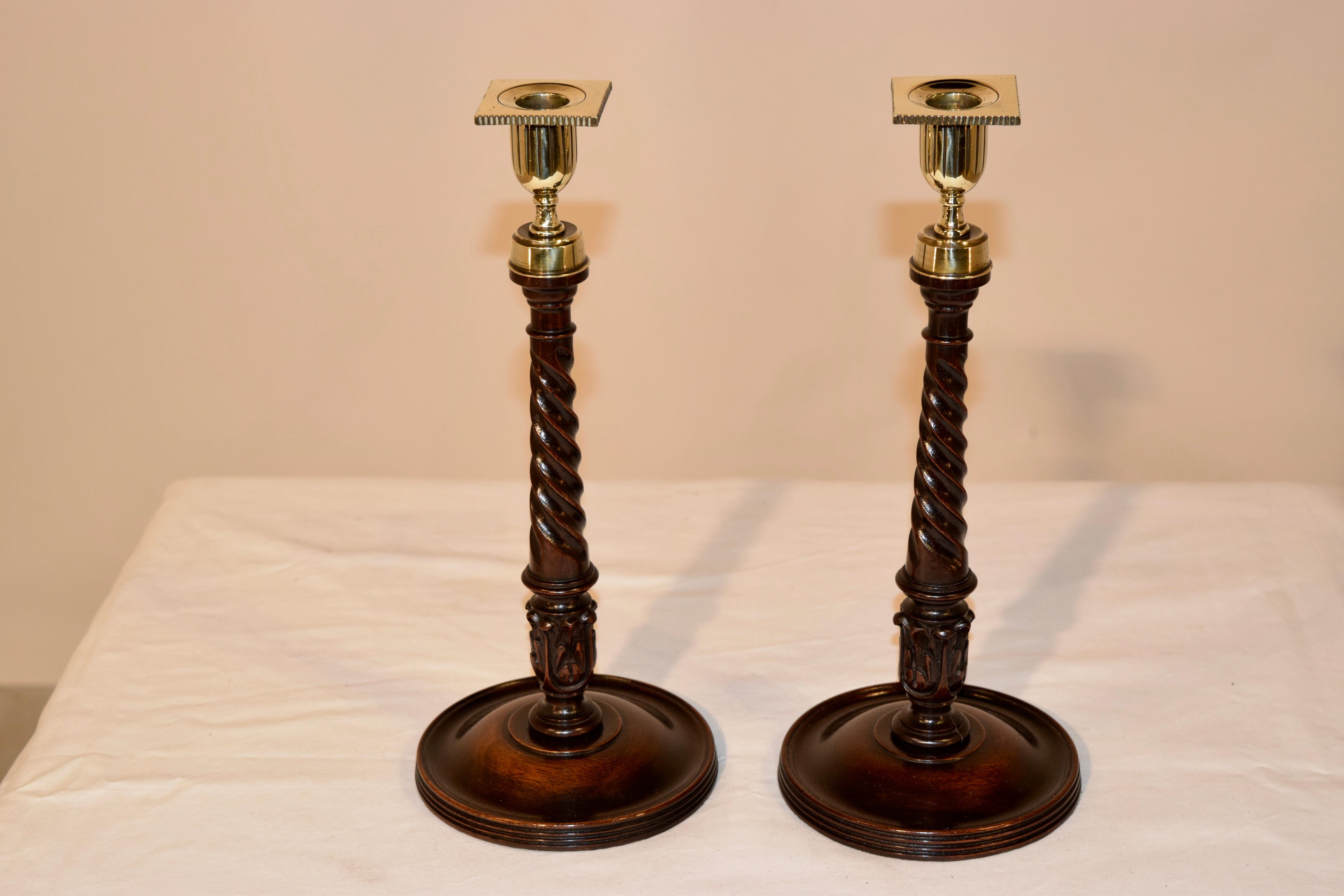 Brass Pair of Exquisite 19th Century Mahogany Candlesticks