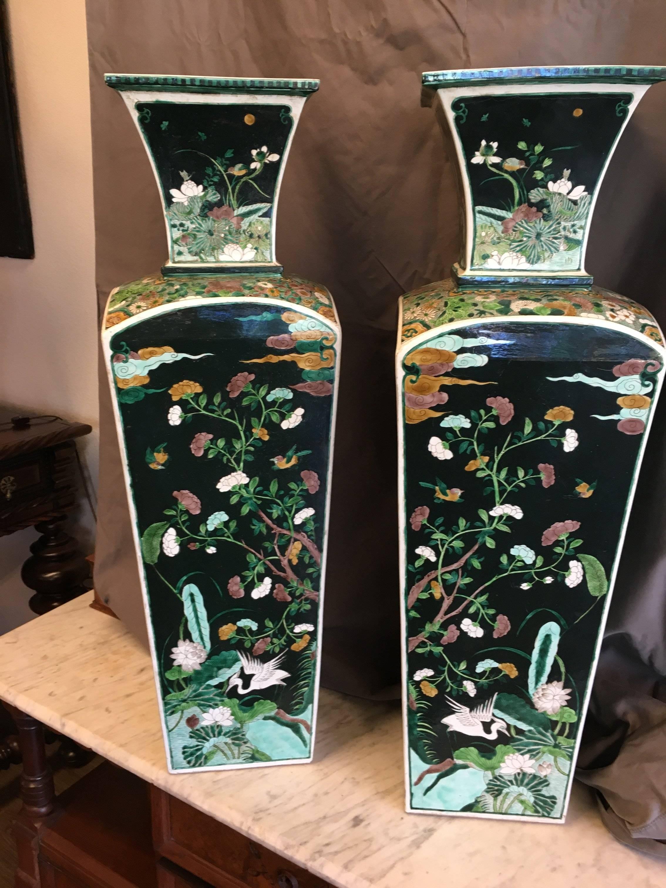 Chinese Pair of Exquisite 19th Century Qing 'Manchu' Dynasty Famille-Noir Square Vases For Sale