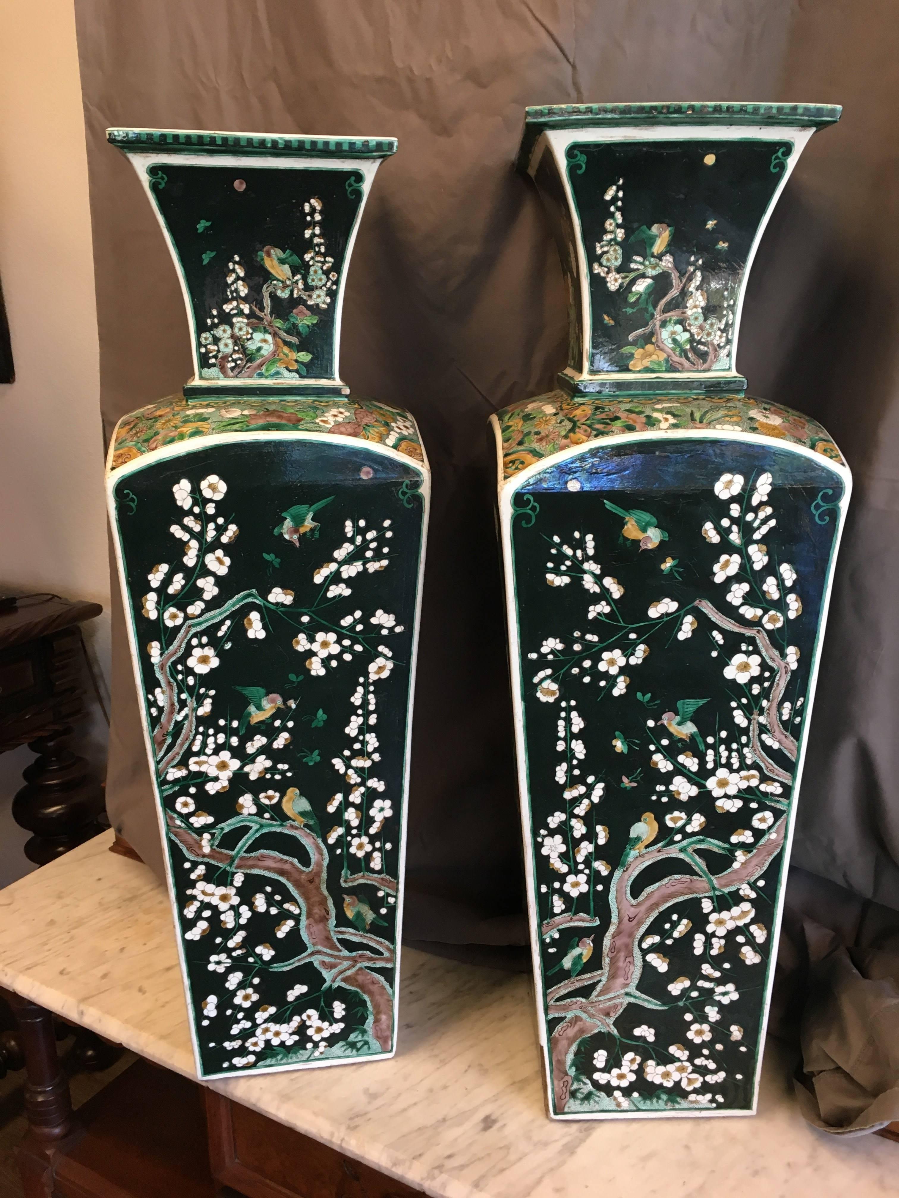Enameled Pair of Exquisite 19th Century Qing 'Manchu' Dynasty Famille-Noir Square Vases For Sale