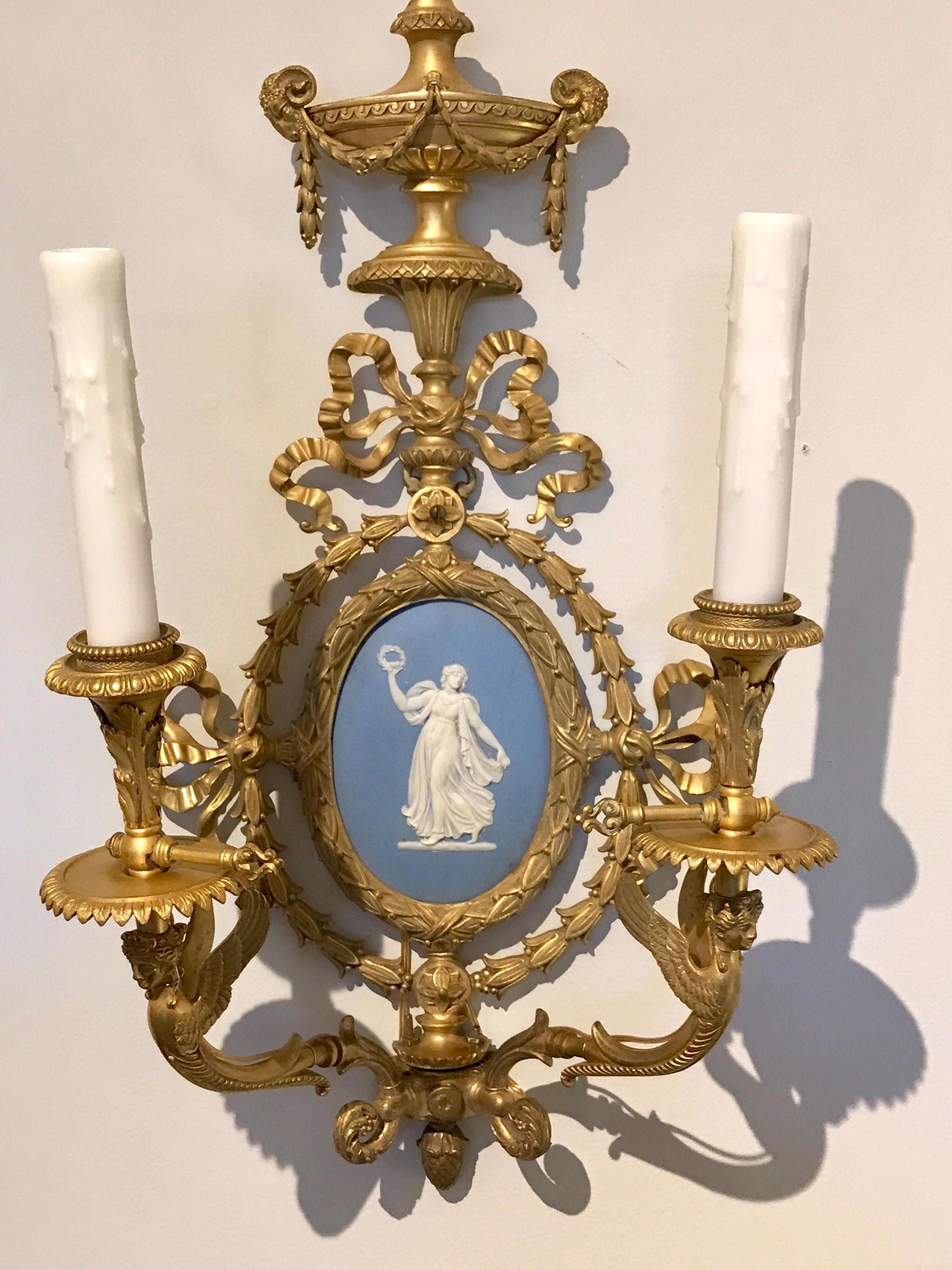 Pair of Exquisite Adam Style Ormolu Wall Sconces with Wedgwood Plaques 3