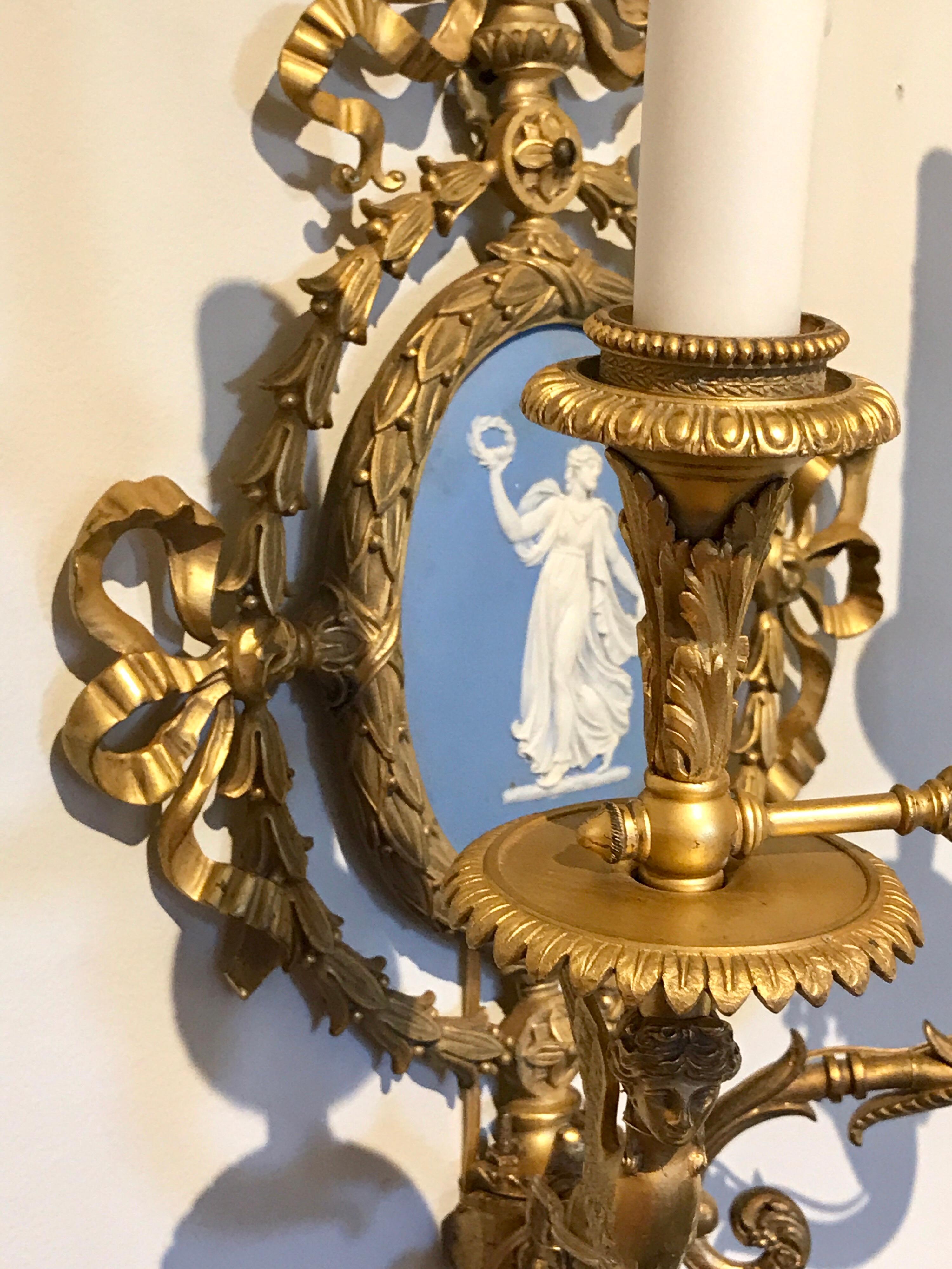 Pair of Exquisite Adam Style Ormolu Wall Sconces with Wedgwood Plaques For Sale 7