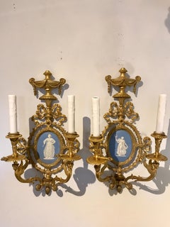 Pair of Exquisite Adam Style Ormolu Wall Sconces with Wedgwood Plaques