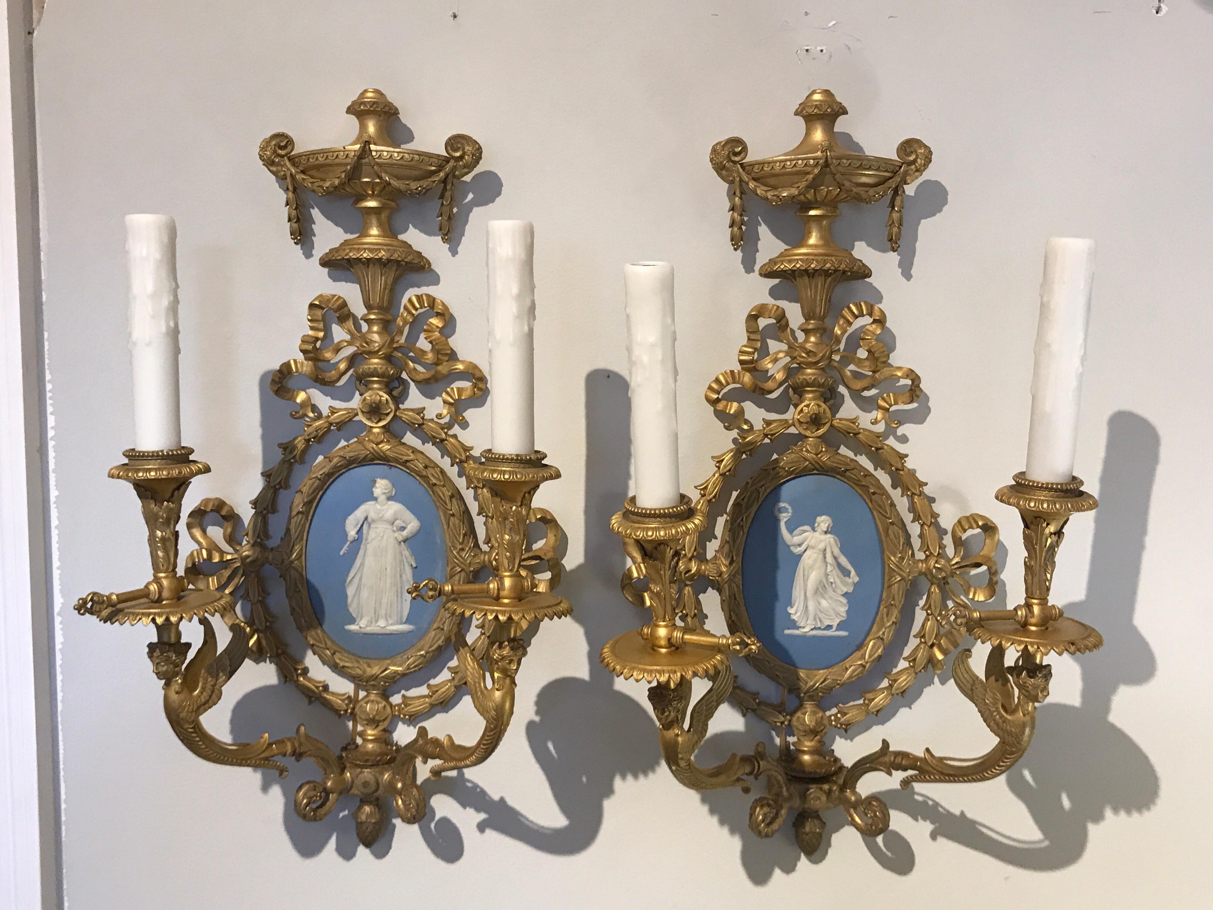 European Pair of Exquisite Adam Style Ormolu Wall Sconces with Wedgwood Plaques