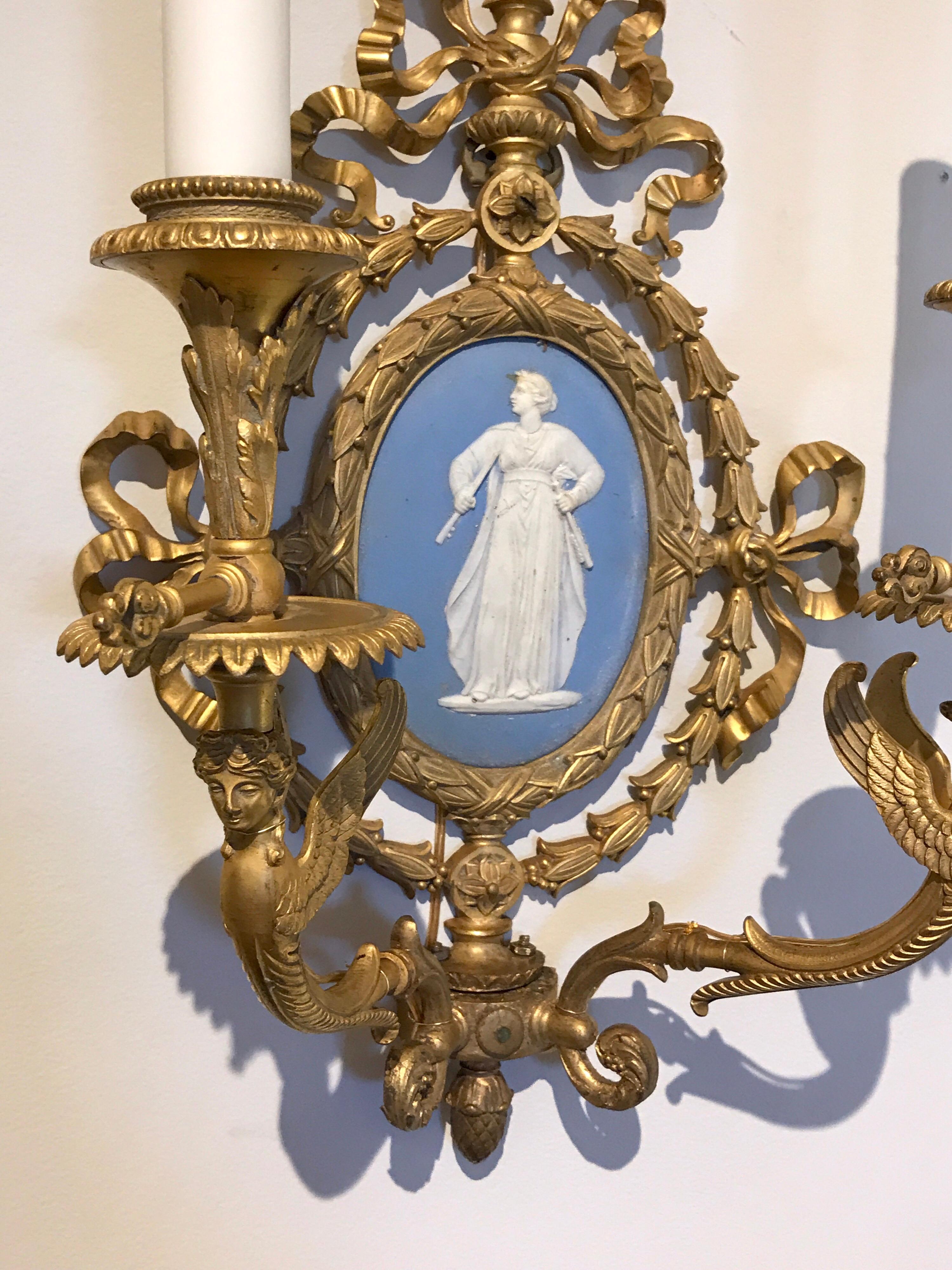 19th Century Pair of Exquisite Adam Style Ormolu Wall Sconces with Wedgwood Plaques For Sale