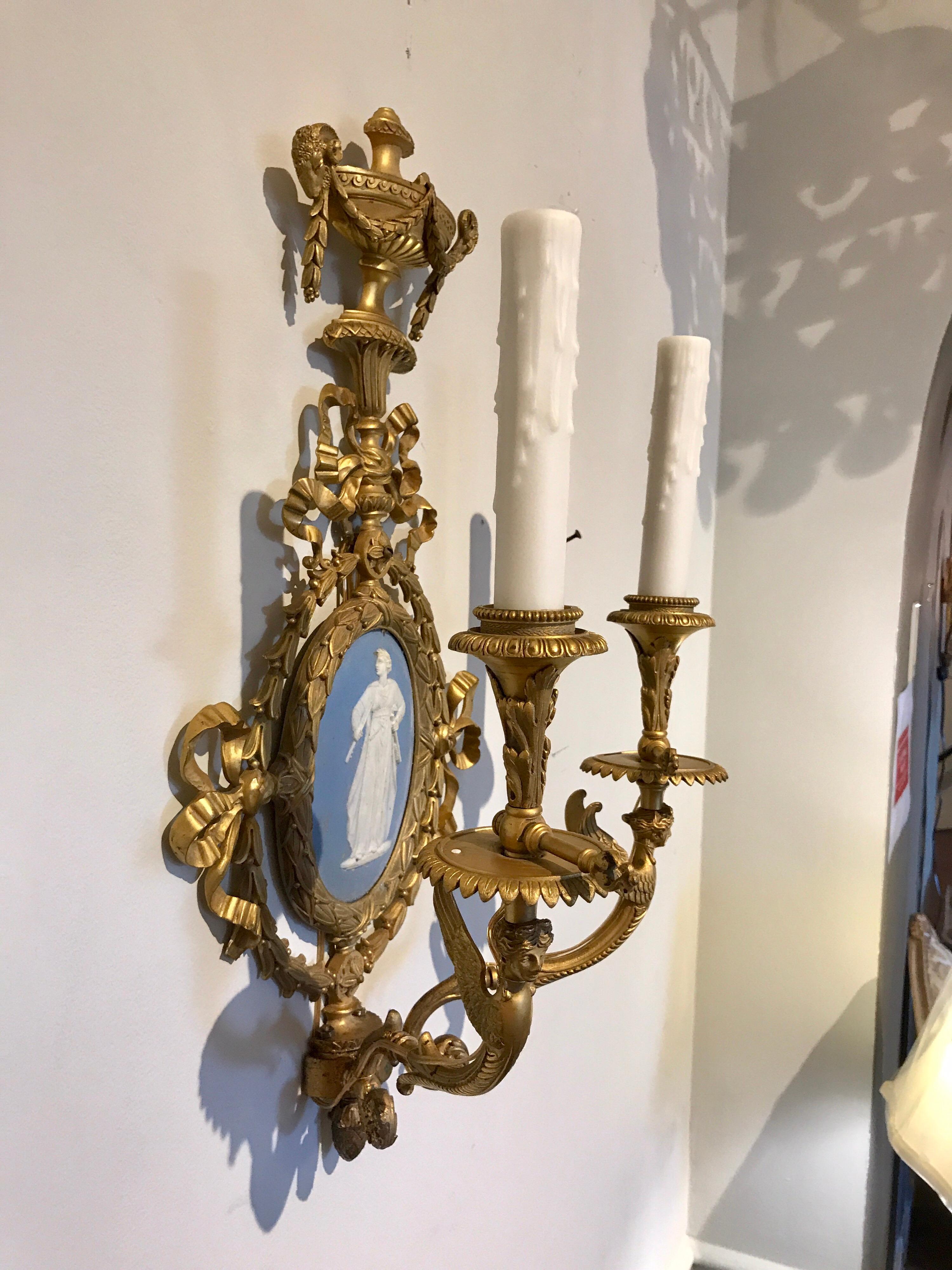 Pair of Exquisite Adam Style Ormolu Wall Sconces with Wedgwood Plaques For Sale 2