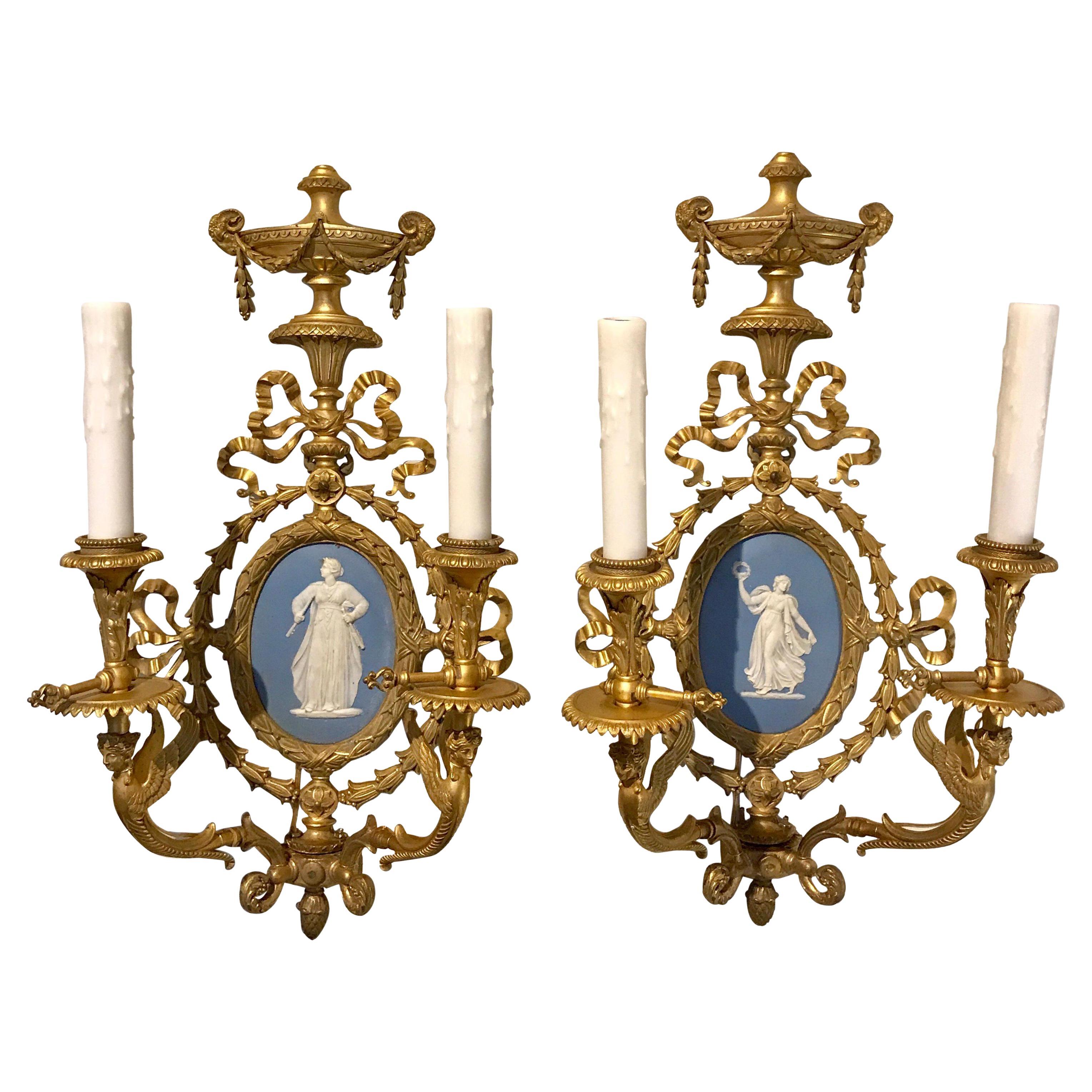 Pair of Exquisite Adam Style Ormolu Wall Sconces with Wedgwood Plaques