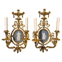 Pair of Exquisite Adam Style Ormolu Wall Sconces with Wedgwood Plaques