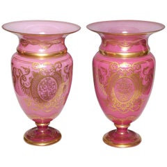 Pair of Exquisite and Large Antique French Louis XVI Pink Opaline Baccarat Vases
