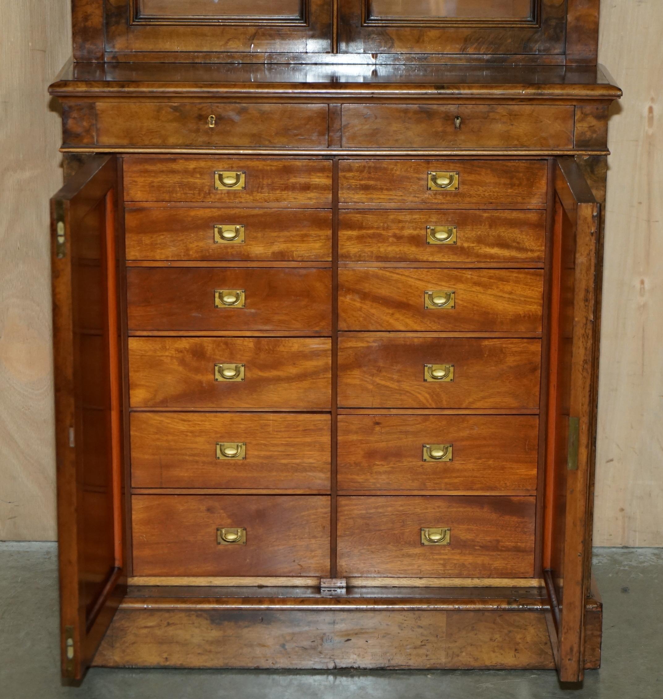 PAIR OF EXQUISITE ANTiQUE BURR WALNUT LIBRARY BOOKCASES CHEST OF DRAWERS BASES 4