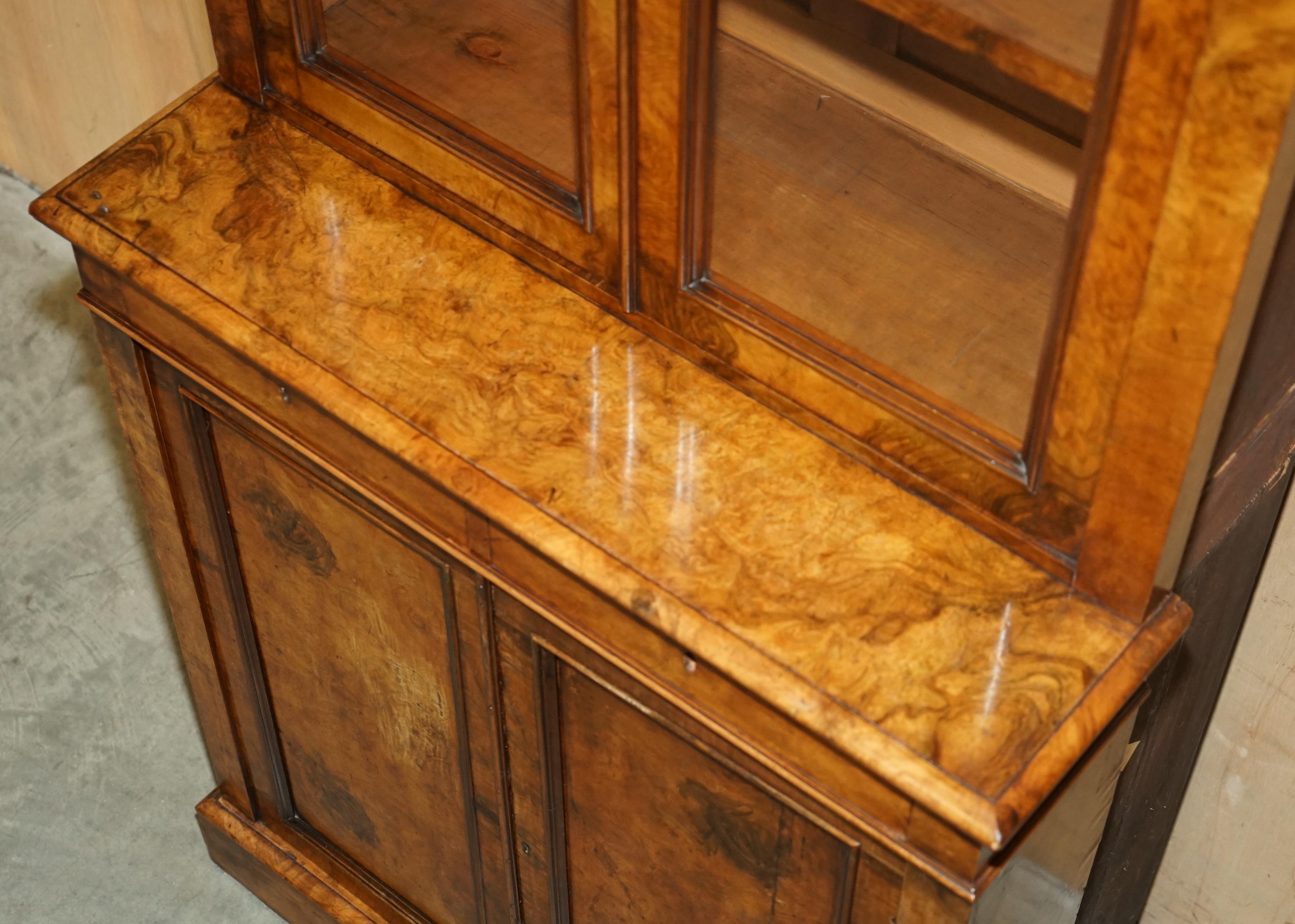PAIR OF EXQUISITE ANTiQUE BURR WALNUT LIBRARY BOOKCASES CHEST OF DRAWERS BASES 5