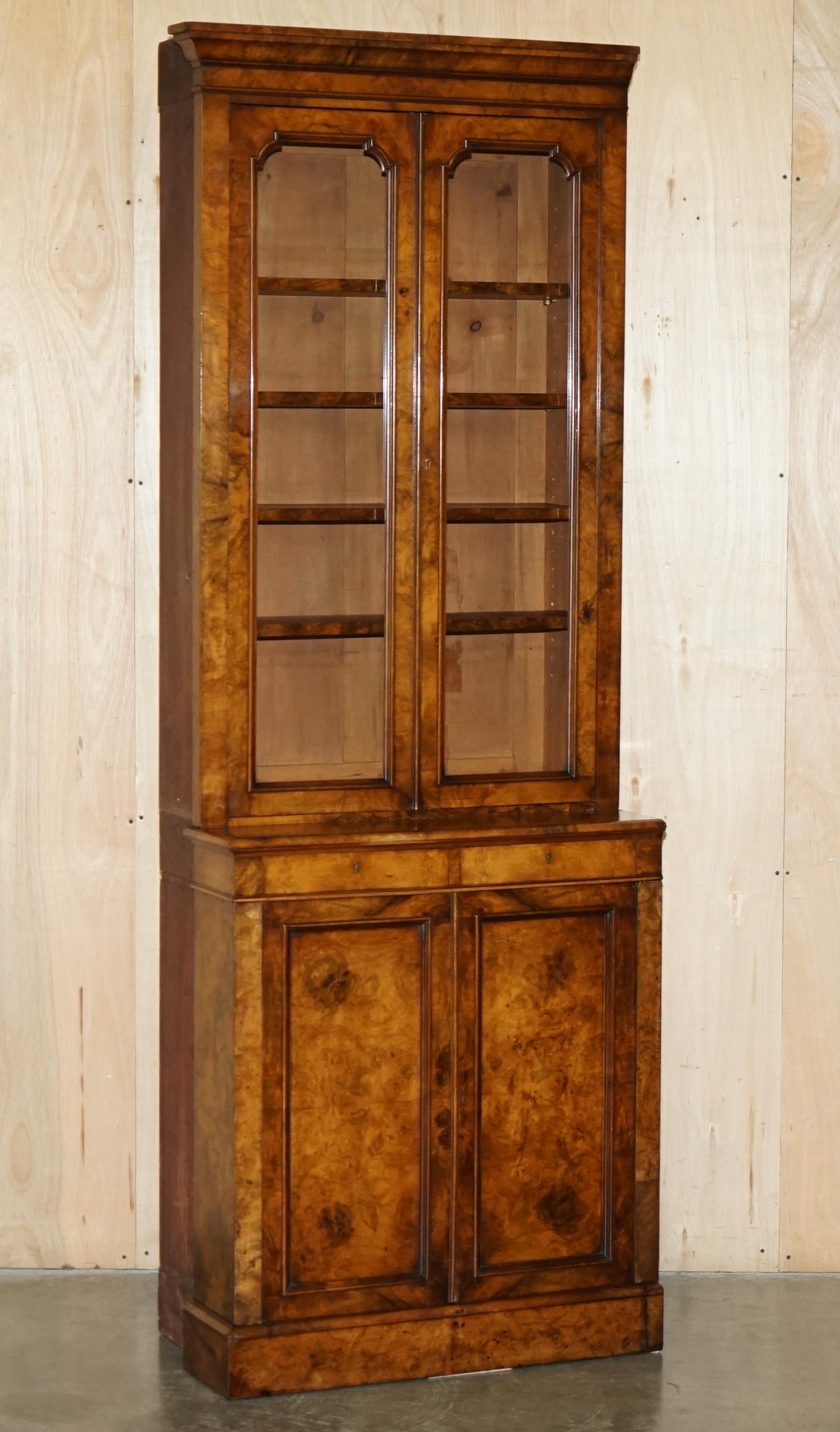 PAIR OF EXQUISITE ANTiQUE BURR WALNUT LIBRARY BOOKCASES CHEST OF DRAWERS BASES 9