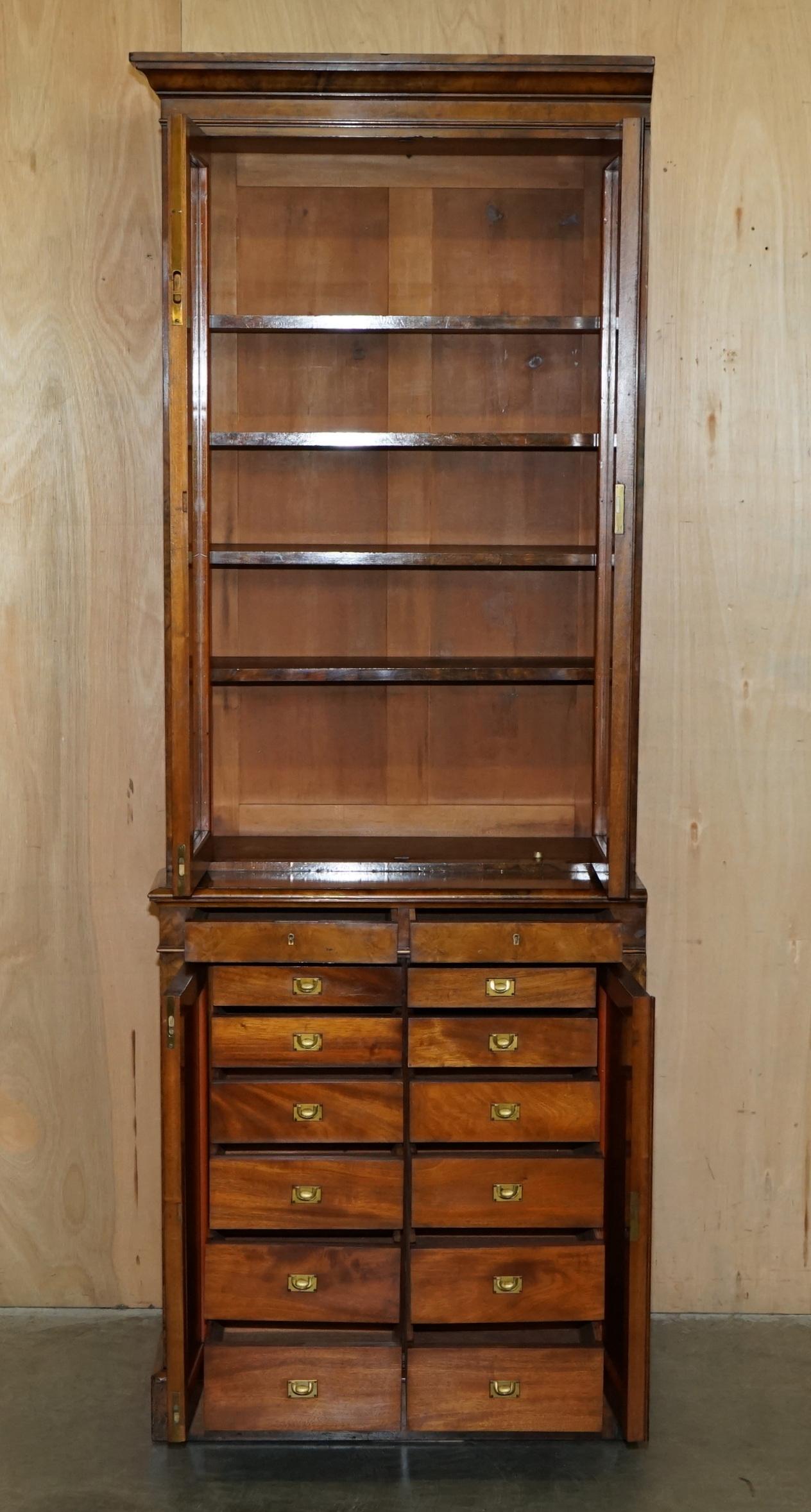 PAIR OF EXQUISITE ANTiQUE BURR WALNUT LIBRARY BOOKCASES CHEST OF DRAWERS BASES 10