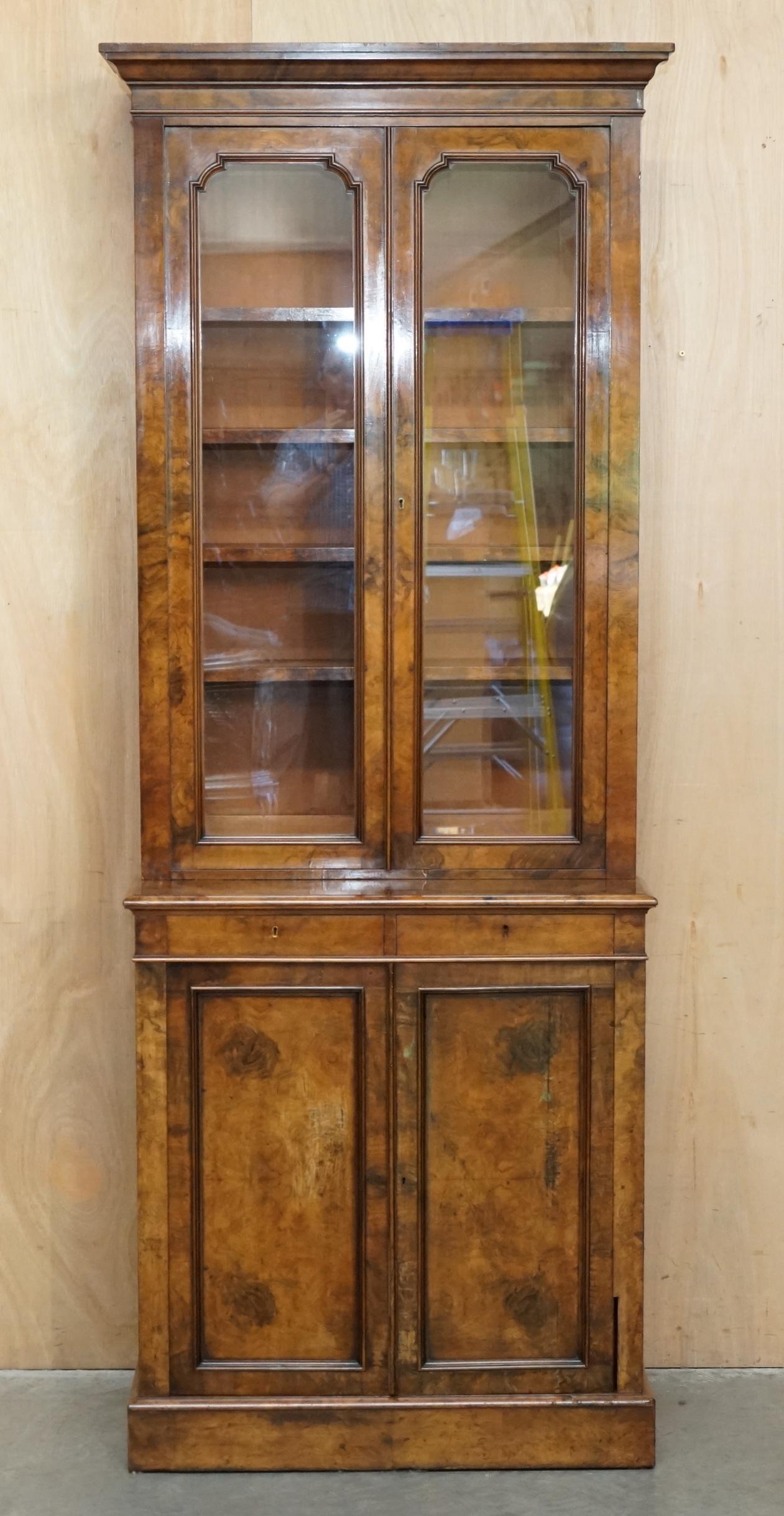 High Victorian PAIR OF EXQUISITE ANTiQUE BURR WALNUT LIBRARY BOOKCASES CHEST OF DRAWERS BASES