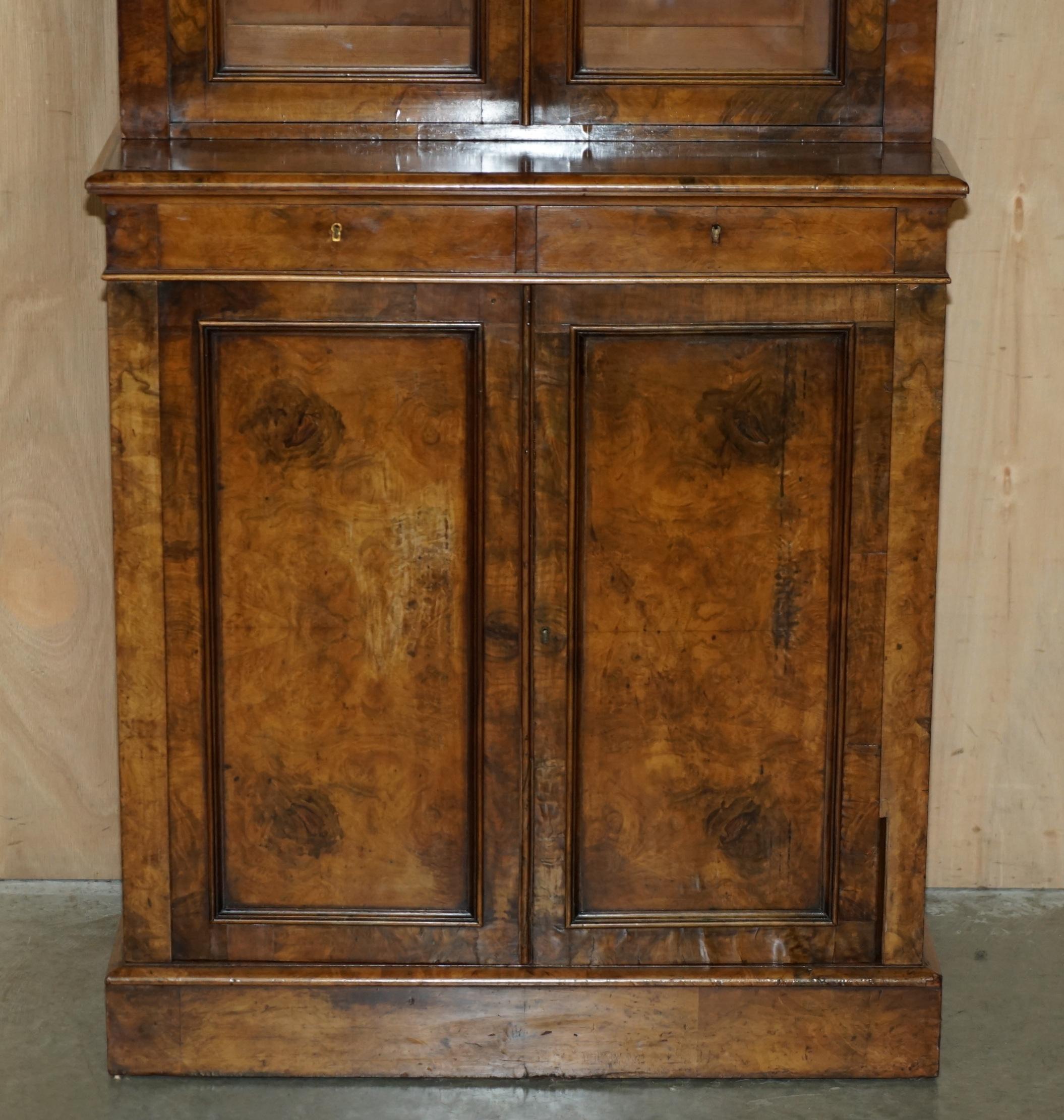 English PAIR OF EXQUISITE ANTiQUE BURR WALNUT LIBRARY BOOKCASES CHEST OF DRAWERS BASES