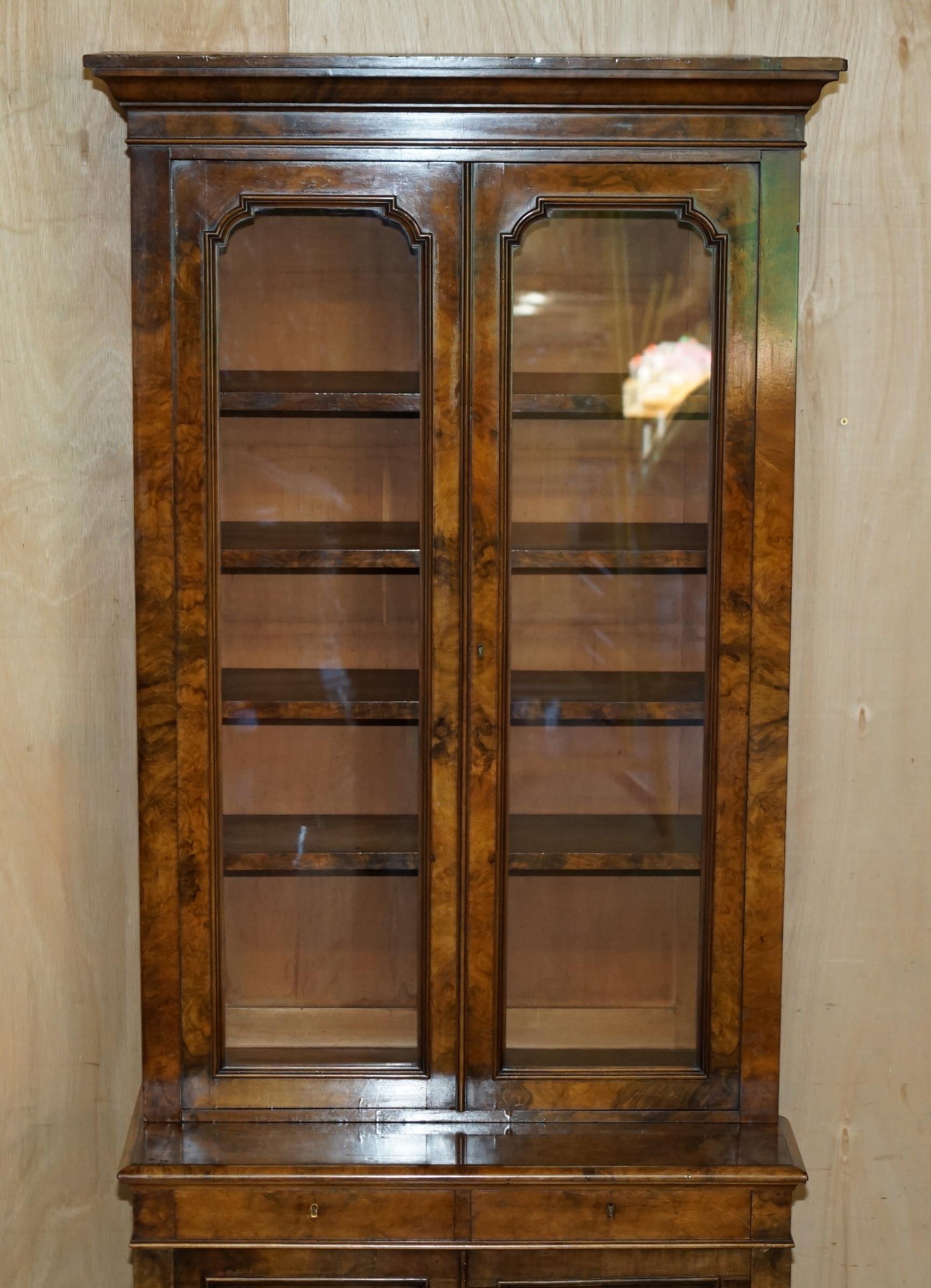 Hand-Crafted PAIR OF EXQUISITE ANTiQUE BURR WALNUT LIBRARY BOOKCASES CHEST OF DRAWERS BASES