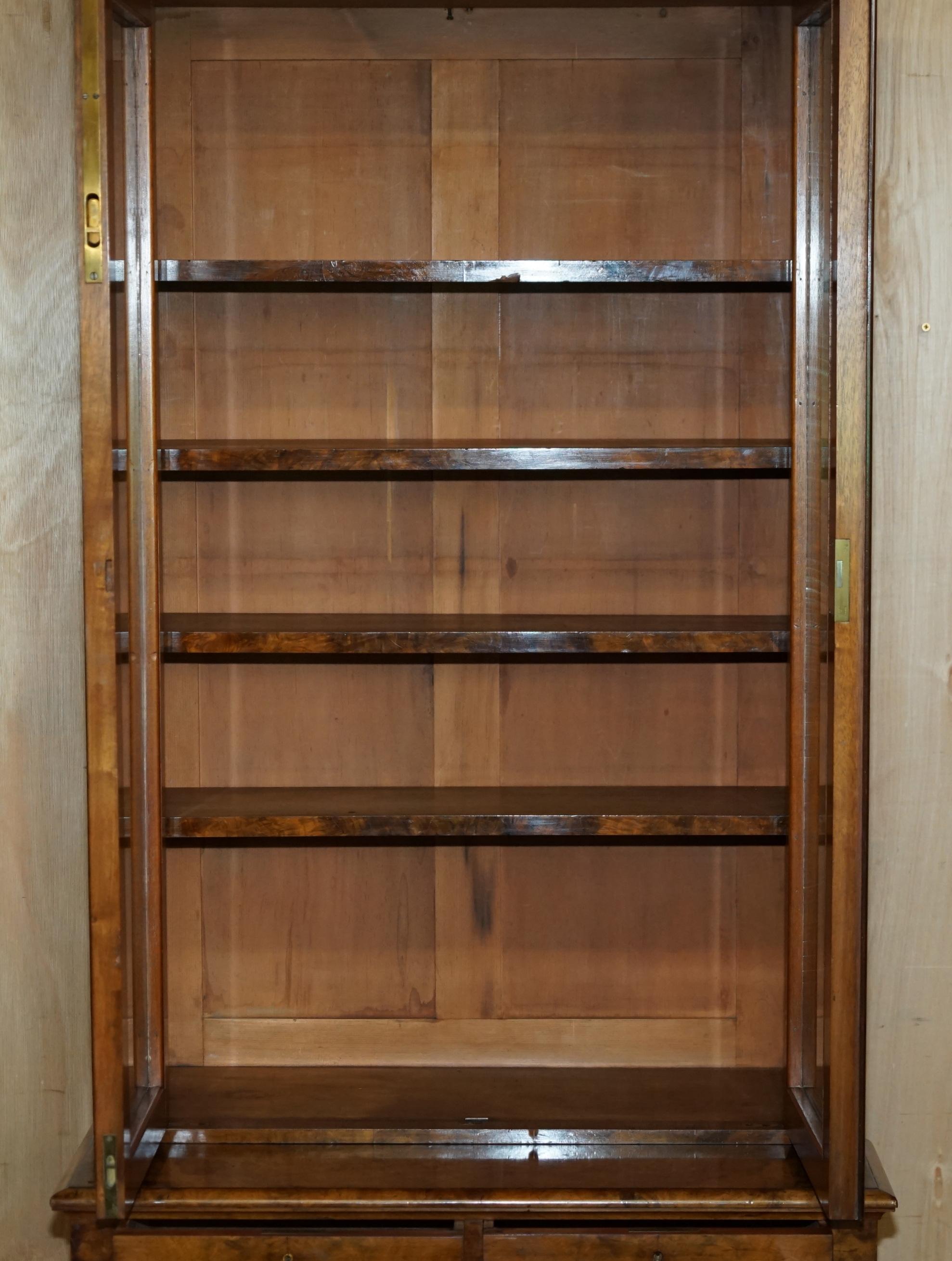 Glass PAIR OF EXQUISITE ANTiQUE BURR WALNUT LIBRARY BOOKCASES CHEST OF DRAWERS BASES