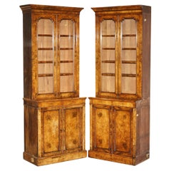 PAIR OF EXQUISITE ANTiQUE BURR WALNUT LIBRARY BOOKCASES CHEST OF DRAWERS BASES