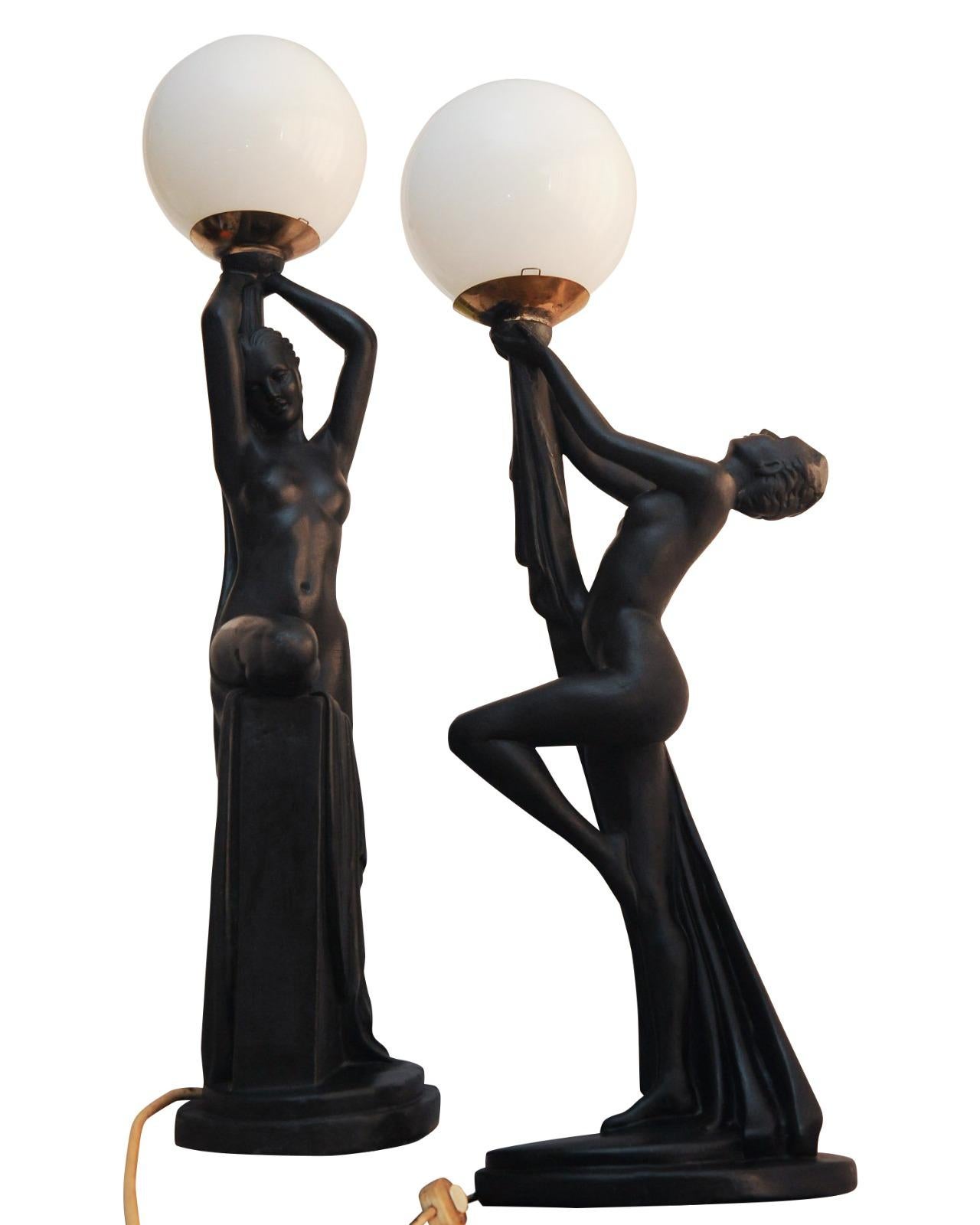 Brass Pair of Exquisite Art Deco Ebonized Plaster Nude Feminine Form Table Lamps 1930s For Sale