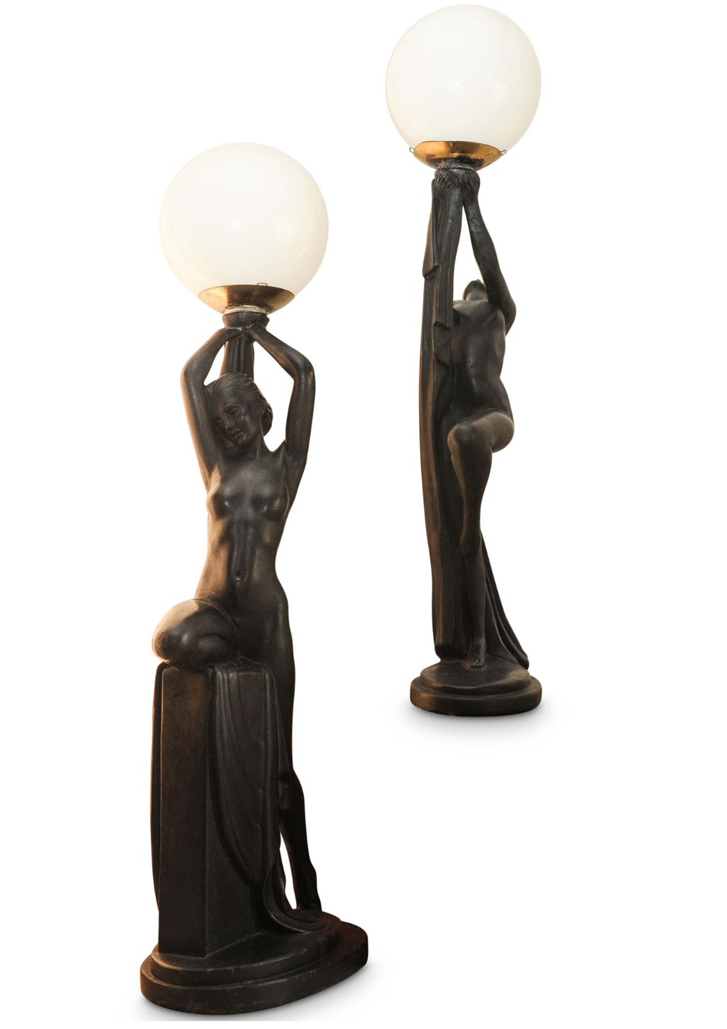 Pair of Exquisite Large Art Deco ebonized Plaster Nude Feminine Form Table Lamps 1930s.